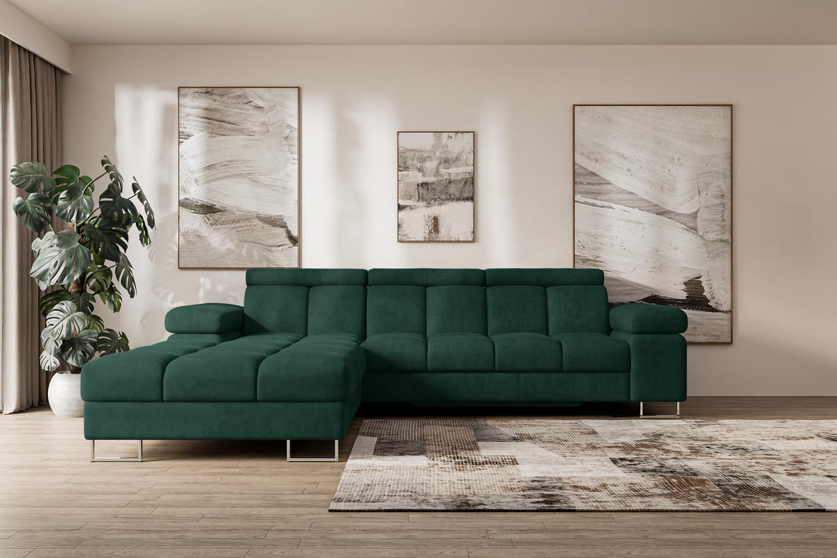 ECKSOFA mit Schlaffunktion Ottomane Links COMA L 271x203x79 Grün Velours - Grün, Holzwerkstoff/Textil (271/203cm) - ALTDECOR