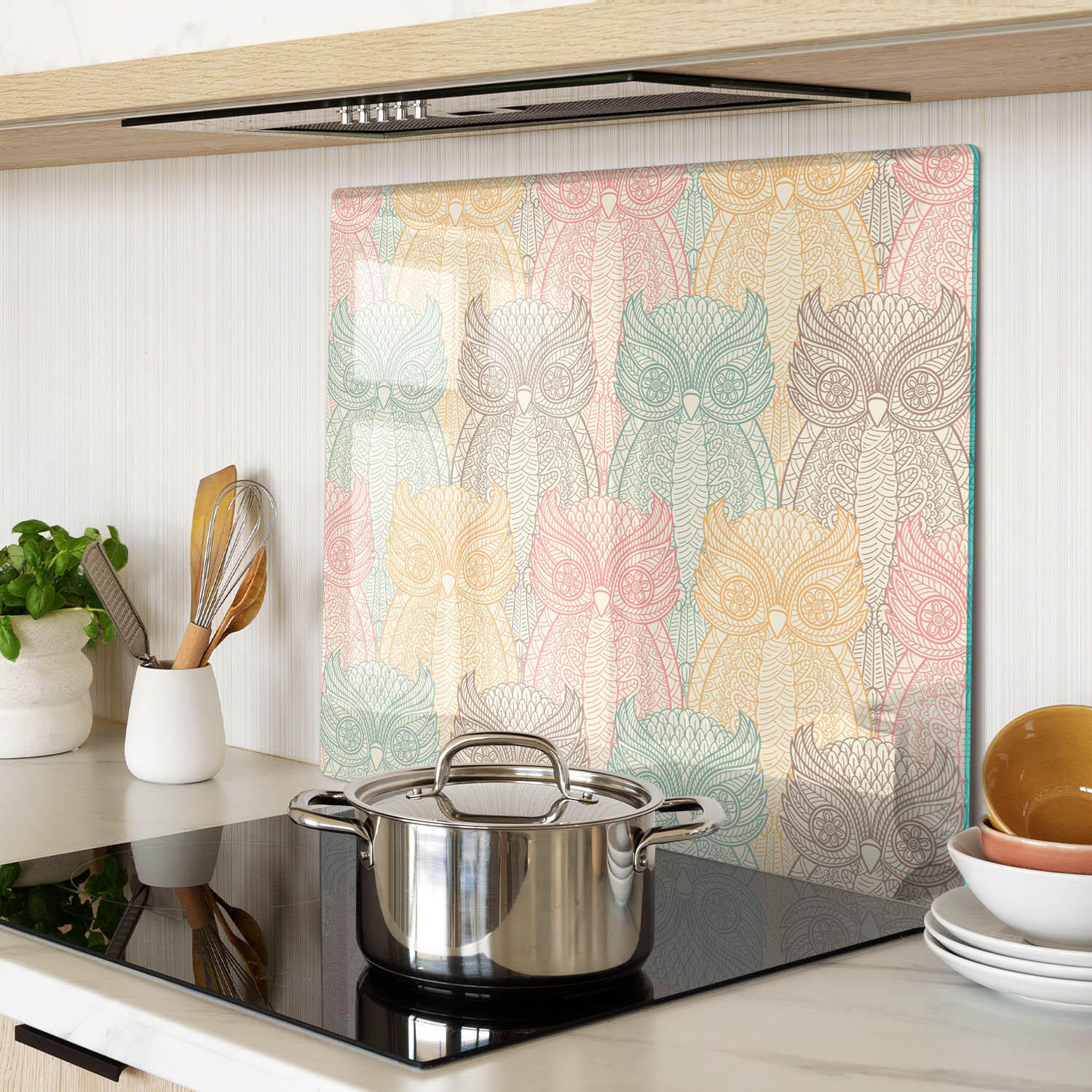 GLASPLATTE 60x52 cm Eulen - Weiß Hochglanz/Beige, Glas (60/0.4/52cm) - TULUP