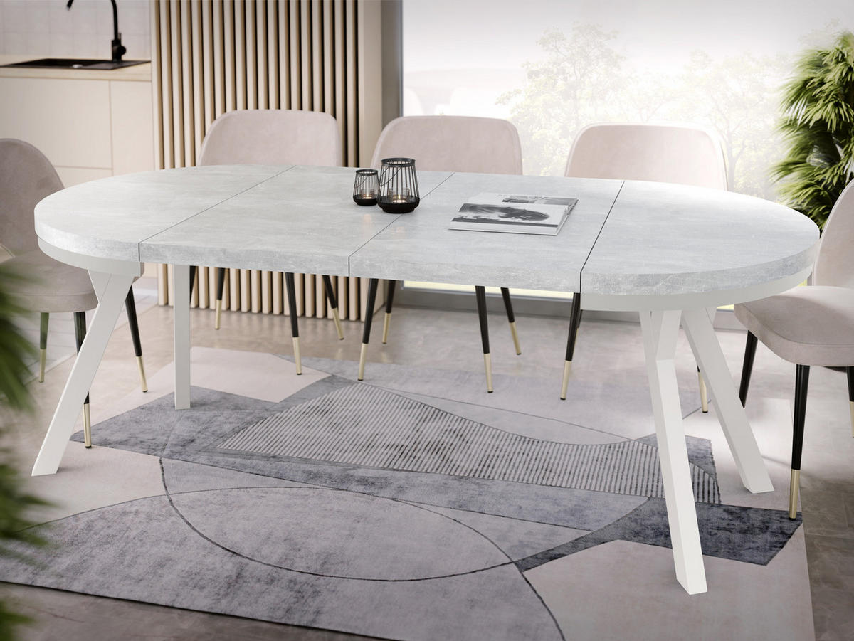 ESSTISCH Lume Weiß runder ausziehbarer, Grauer Beton 100-200/100/76 cm - Hellgrau/Weiß, Holz/Holzwerkstoff (100/100/76cm) - WFL GROUP