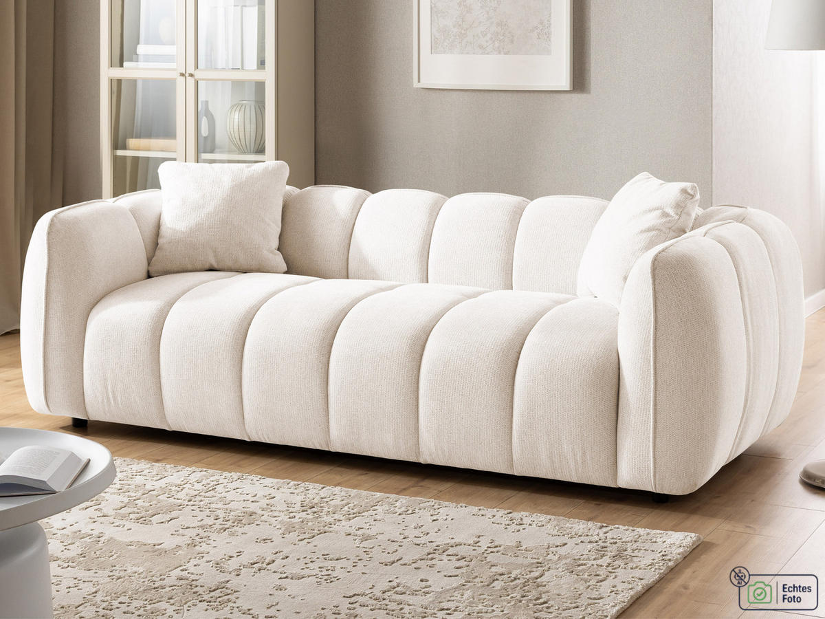 3-SITZER SOFA Nubira in tief gesteppter Bubble-Optik aus weichem Creme Strukturstoff im modernen Design - Creme/Schwarz, Holz/Kunststoff (228/69/89cm) - S-Style Möbel