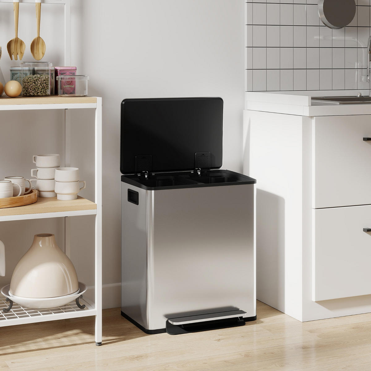 MÜLLTRENNSYSTEM 50L Doppel-Mülleimer Edelstahl Silber 47,7/37,5/56 cm - Silberfarben, Metall (37.5/56/47.7cm) - Rolipo