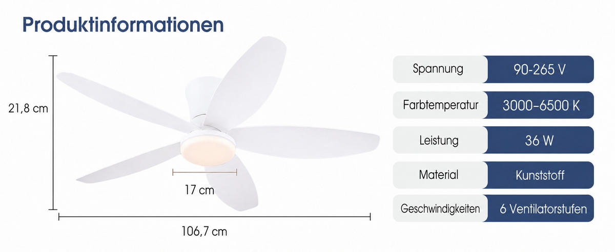 DECKENVENTILATOR Weiß 106,7 cm mit LED und leisem DC-Motor - Weiß, Kunststoff (106.7/106.7/21.8cm) - Surtime