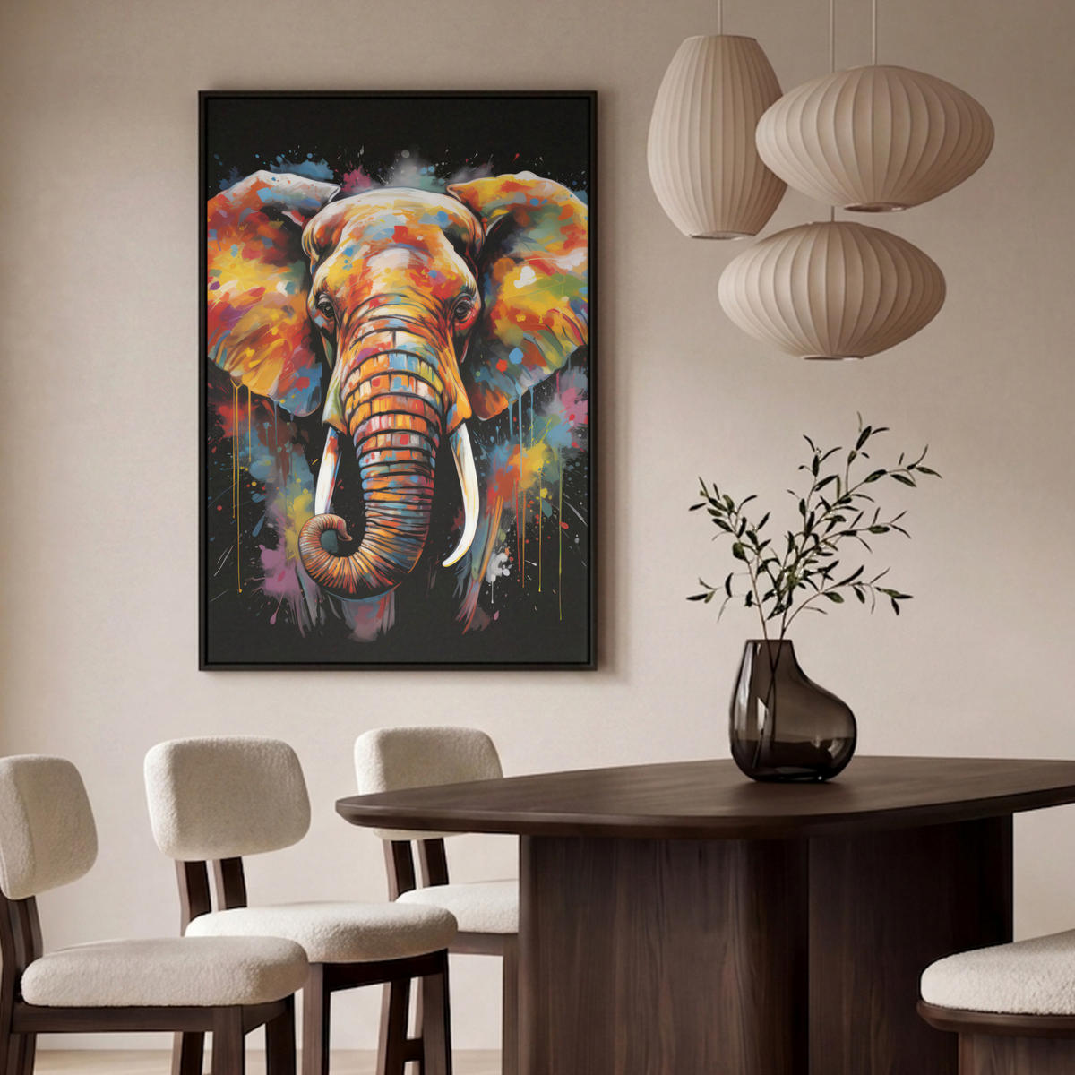 LEINWAND Bilder mit Rahmen - Elefant - Graffiti - Schwarz - Tiere - Farben - 100x150 - Schwarz, Textil (100/150cm) - MuchoWow