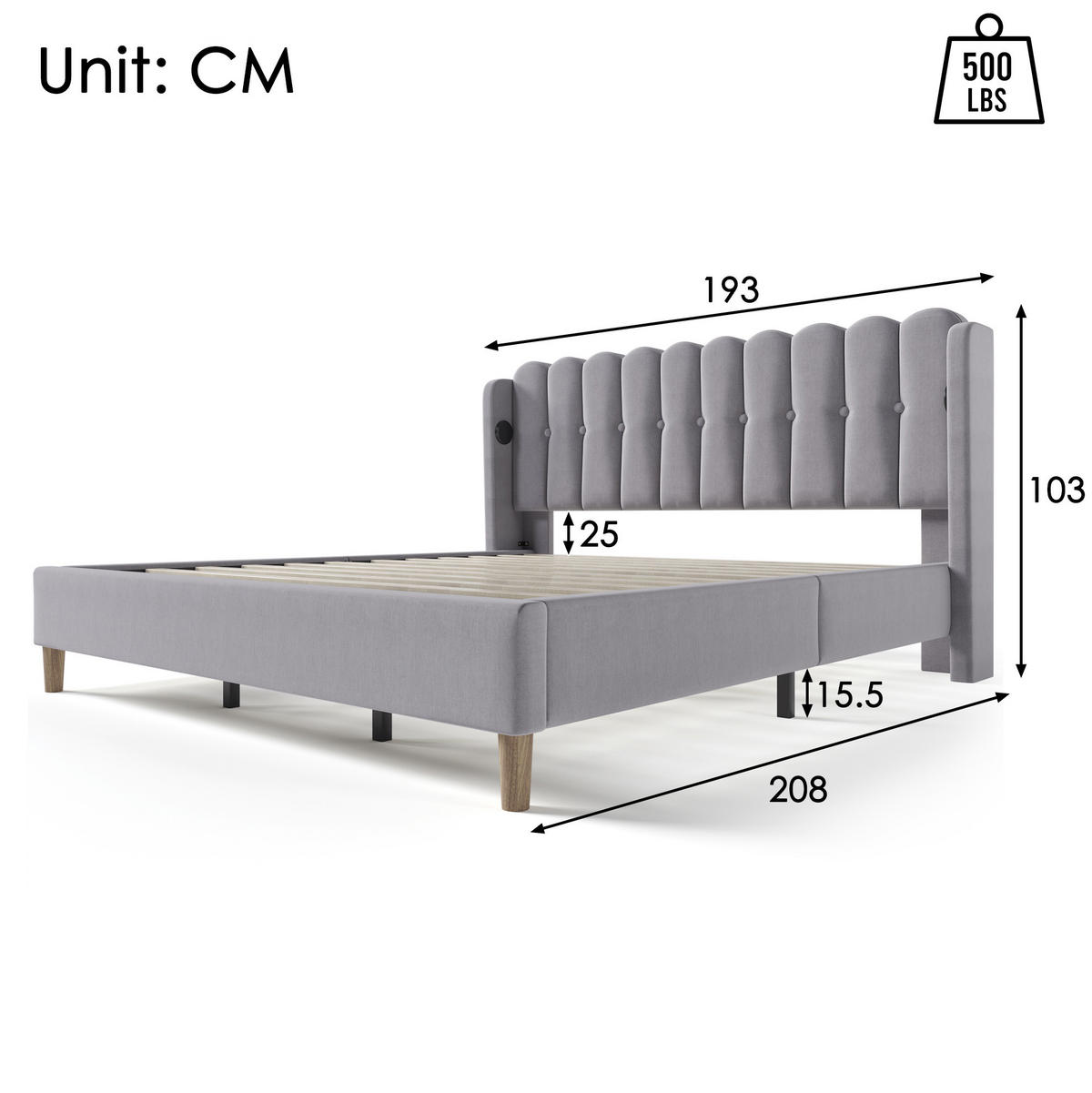 POLSTERBETT 180/200 cm Grau aus Leinen mit USB- und Type-C-Anschlüssen - Grau, Textil (180/200cm) - Flora Grace
