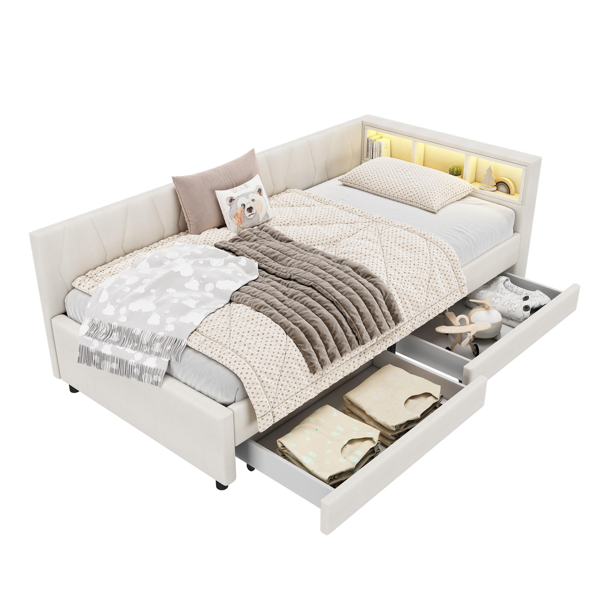 DAYBETT 90x200 cm LED USB Schubladen beige - Beige, Textil (90/200cm) - LEBENLANG