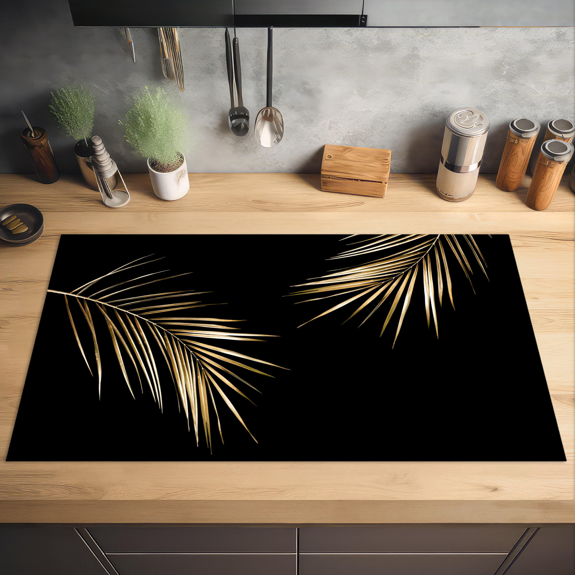 HERDABDECKPLATTE Blätter - Pflanzen - Gold - Schwarz - Luxus 91x52 cm - Goldfarben, Kunststoff (91.6/0.2/52.7cm) - MuchoWow