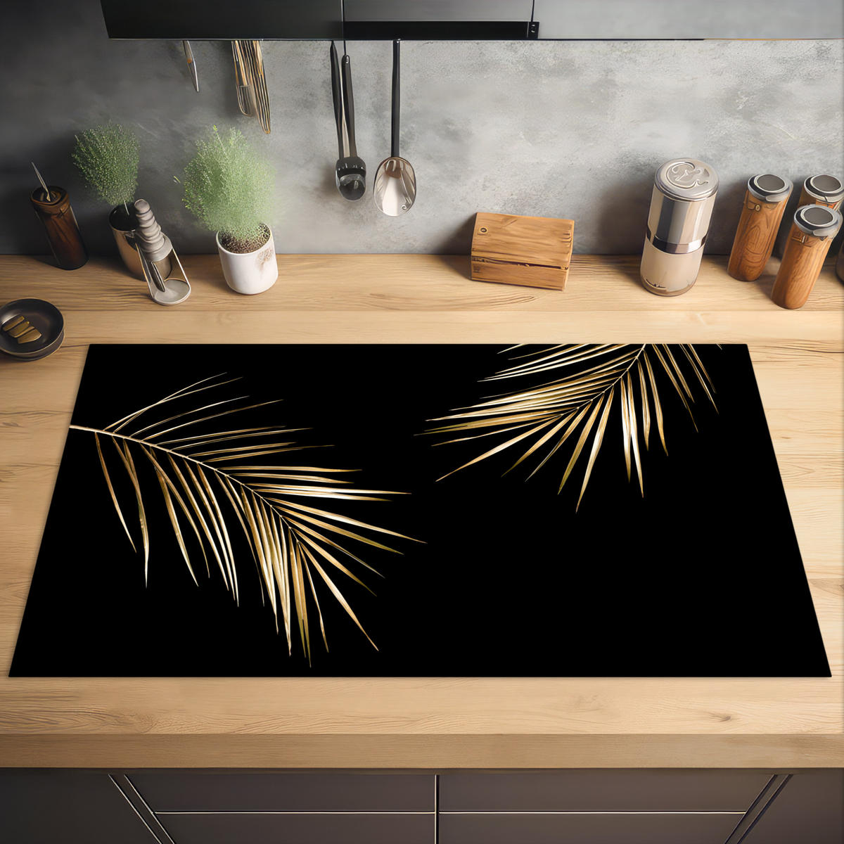 HERDABDECKPLATTE Blätter - Pflanzen - Gold - Schwarz - Luxus 91x52 cm - Goldfarben, Kunststoff (91.6/0.2/52.7cm) - MuchoWow