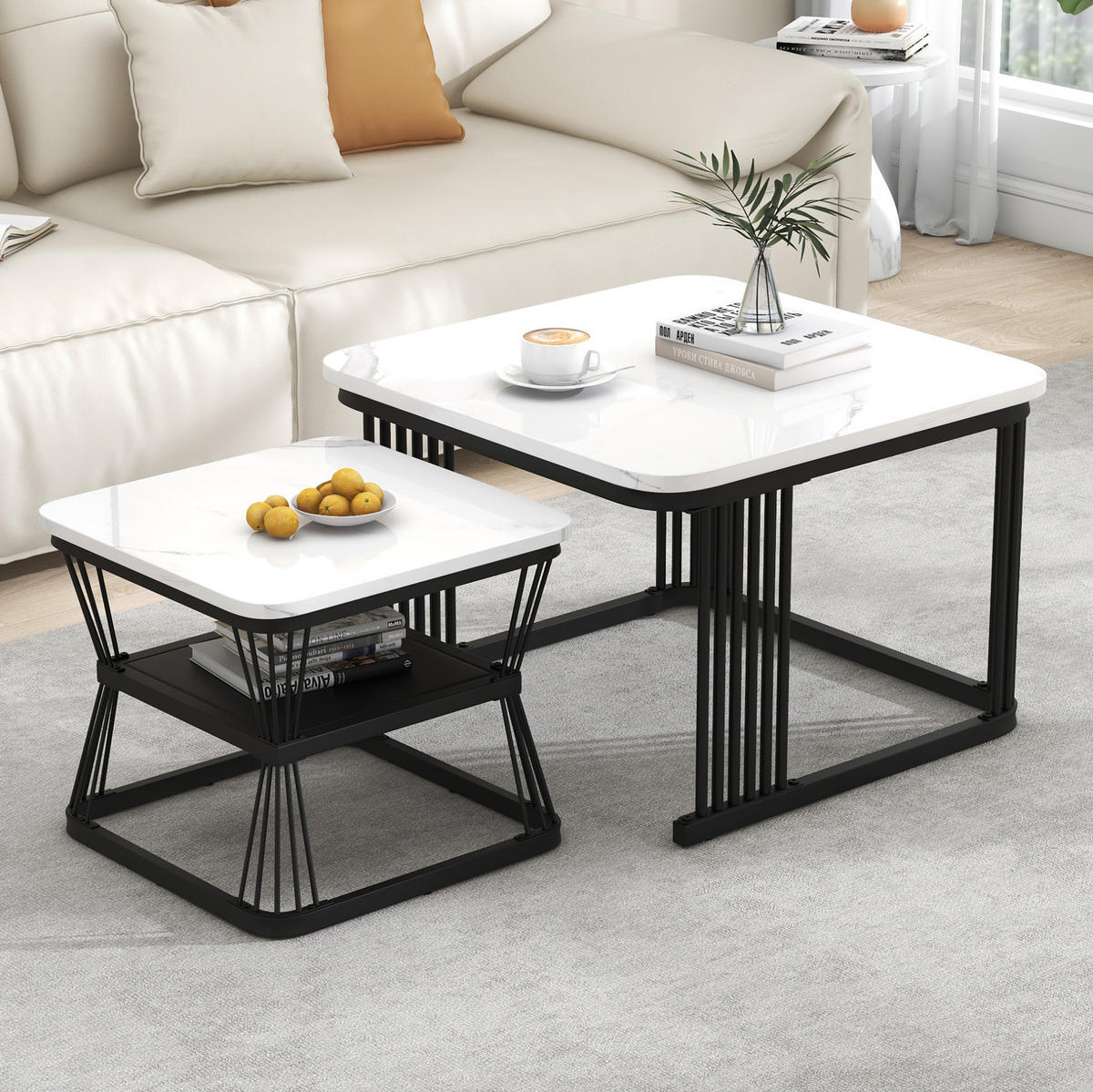 COUCHTISCH 2er-Set 65x65/45x45 cm MDF Weiß-Schwarz - Weiß, Metall (65/65/45cm) - Meubliv