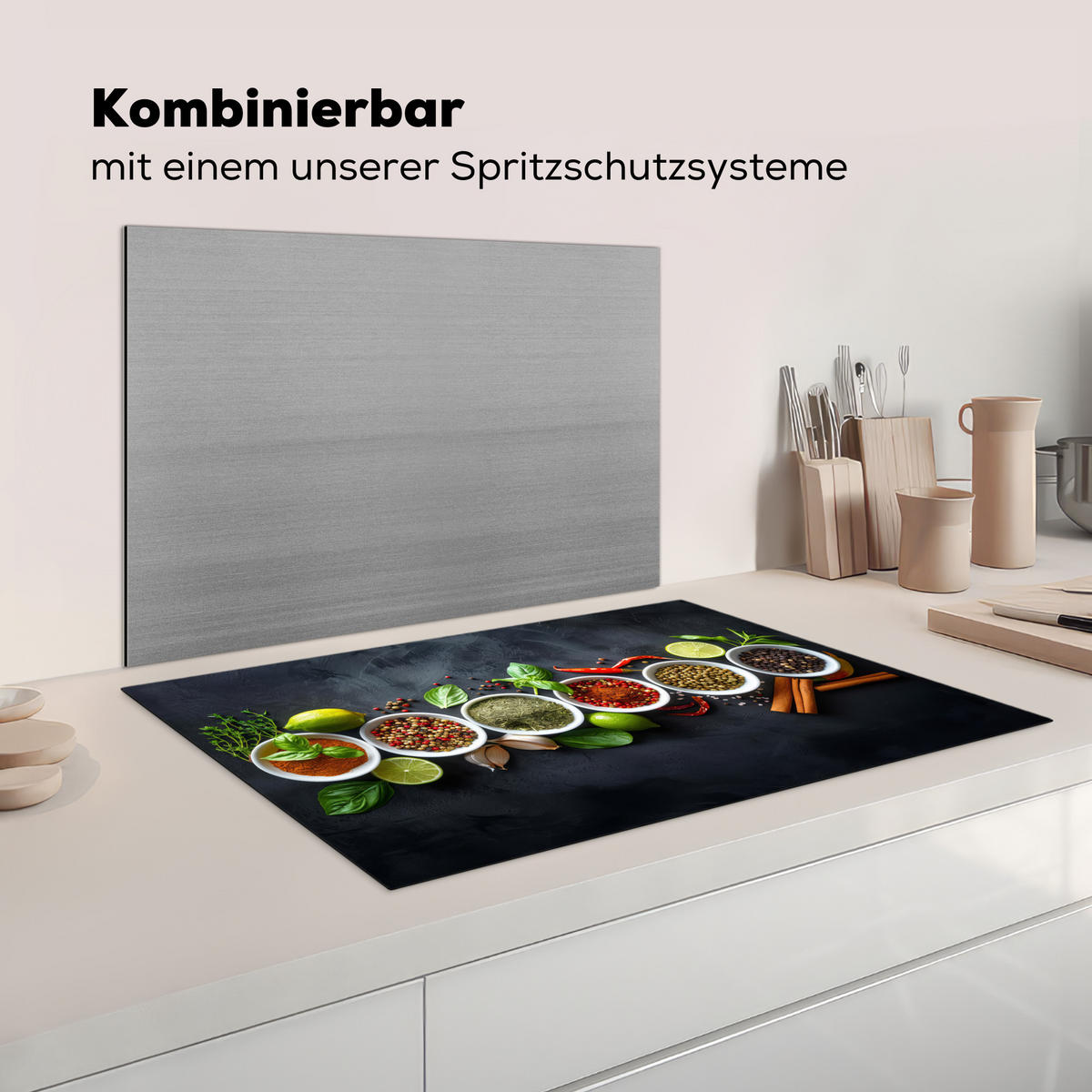 HERDABDECKPLATTE Kräuter - Gewürze - Konkrete Optik - Stilleben Induktionsschutz 81.6x52.7 cm - Multicolor, Kunststoff (81.6/52.7/0.2cm) - MuchoWow