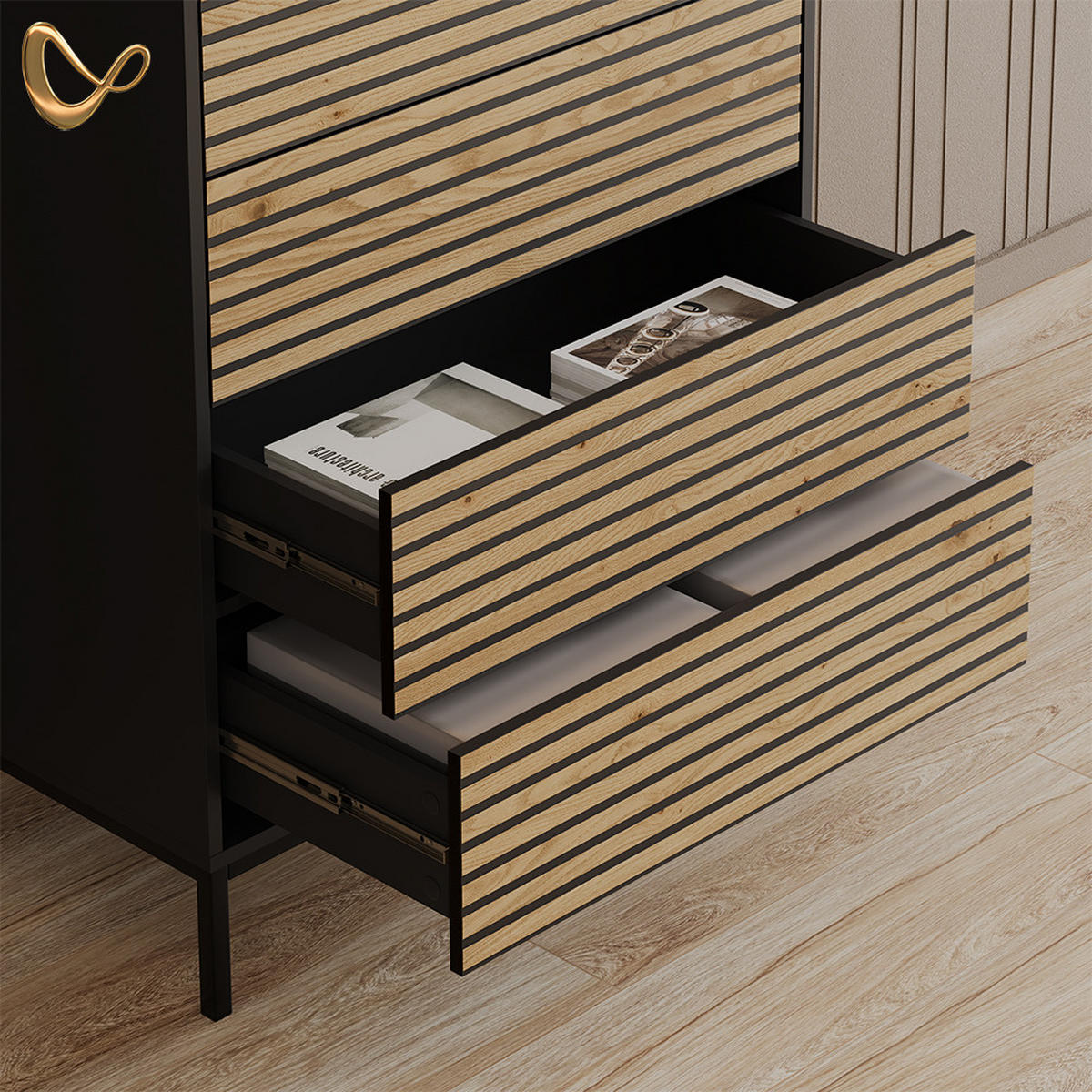 KOMMODE Aterno Goldkraft Eiche/Anthrazit 76 x 120 cm mit 5 Schubladen - Honigeiche/Anthrazit, Holzwerkstoff (76/120/40cm) - Livinity®