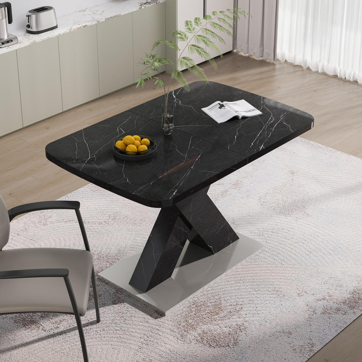 ESSTISCH 160/80/76,5 cm Schwarz mit ausziehbarem Tischplatte aus MDF und X-Beinen aus Metall - Schwarz, Holzwerkstoff (160/80/76.5cm) - OKWISH