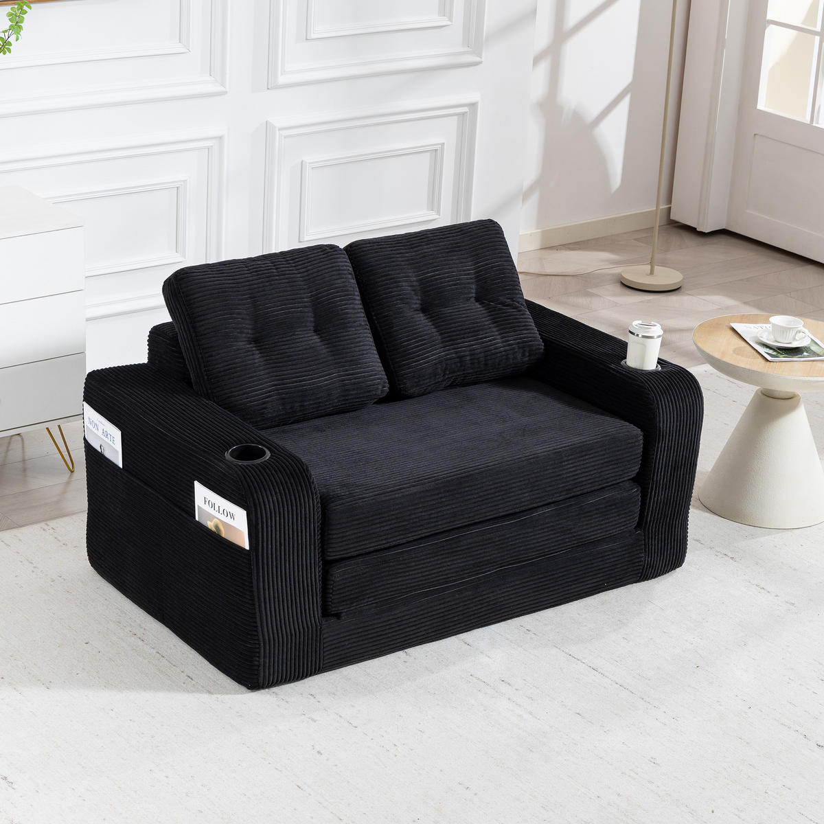 SCHLAFSOFA in Schwarz Cord mit Getränkehalter und Seitentaschen - Schwarz, Textil (136/82.5/80cm) - Oxeza