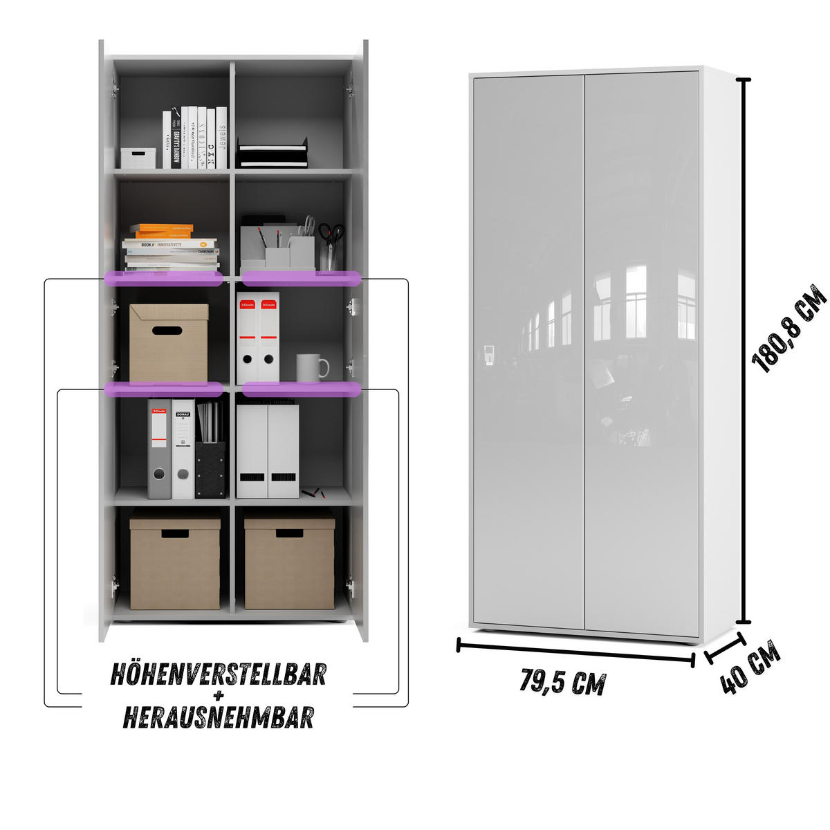 AKTENSCHRANK Amira T00 Weiß Hochglanz 180/80/40 cm - Weiß Hochglanz, Holzwerkstoff (80/180/40cm) - SIMPLYFURN