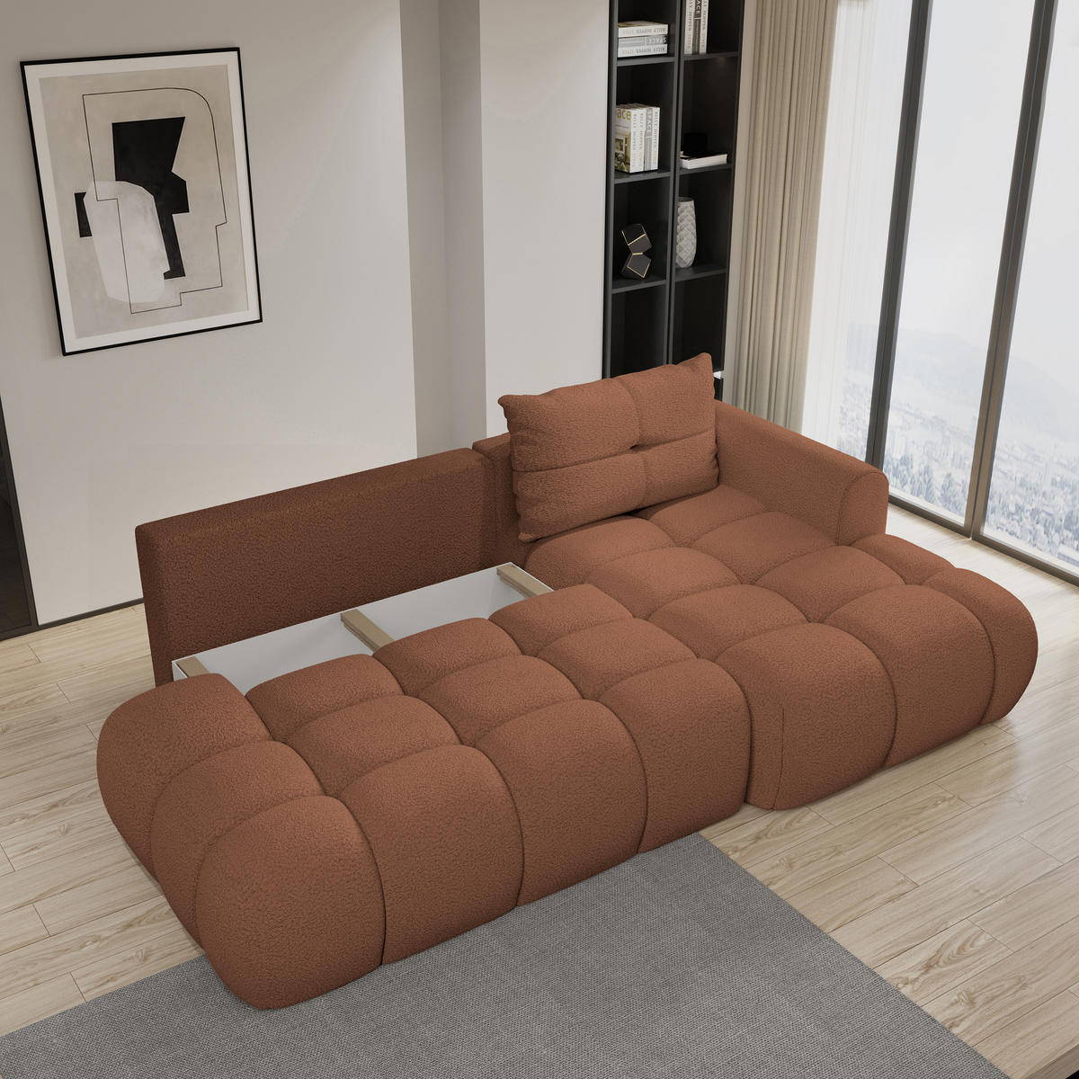 ECKSOFA FLUMA R-S Kupferfarben Boucle-Stoff mit Schlaffunktion - Kupferfarben, Holz (274/165cm) - MASSENO