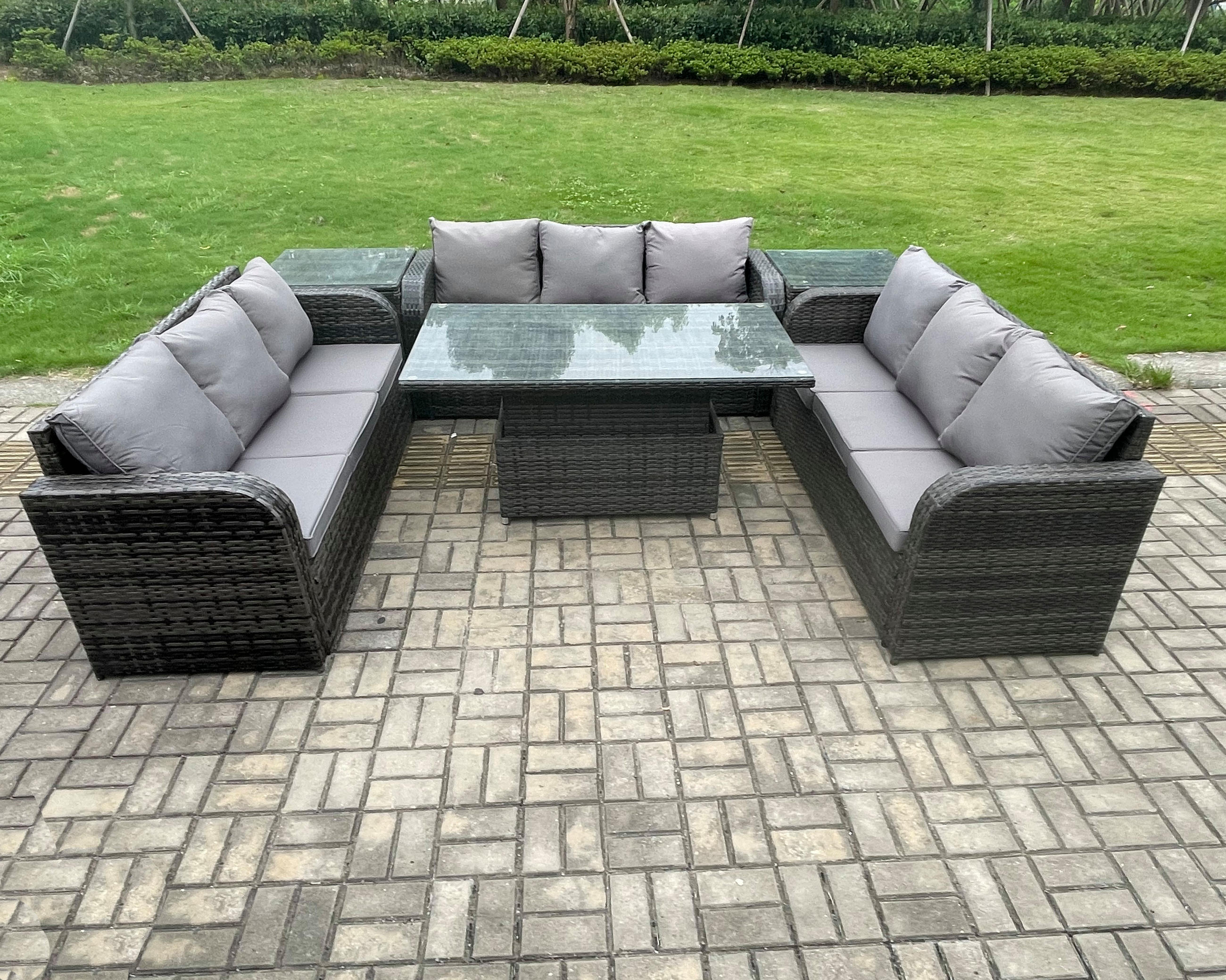 GARTENTISCHGRUPPE Polyrattan 9-Sitzer - Dunkelgrau/Grau, Glas/Kunststoff - Fimous