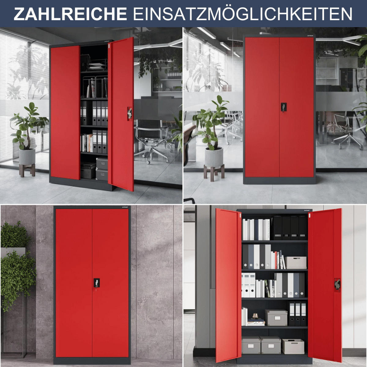 AKTENSCHRANK abschließbar KADO mit Flügeltüren 195x90x40cm Anthrazit-Rot - Anthrazit, Metall (90/195/40cm) - DELUKE