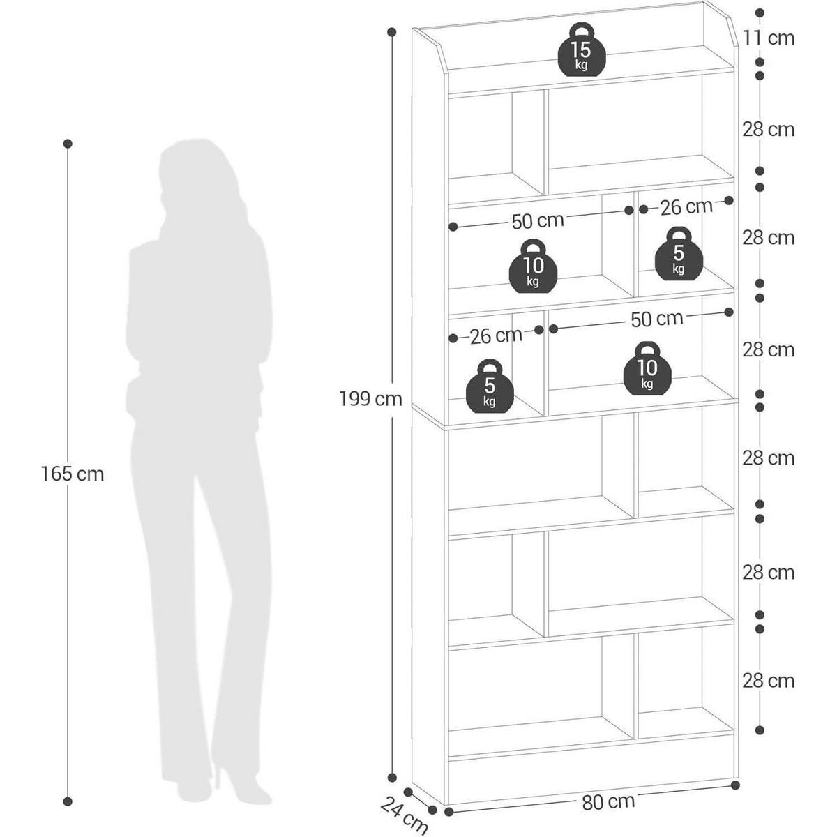 BÜCHERREGAL mit 7 Fächern Weiß 80 x 199 cm - Weiß, Holzwerkstoff (80/199/24cm)