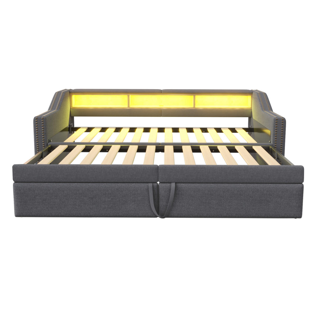 SCHLAFSOFA 90/200 cm mit Ausziehbett, LED, USB und 3 Ablagefächern, Dunkelgrau - Dunkelgrau, Textil (102/74/214cm) - Redom