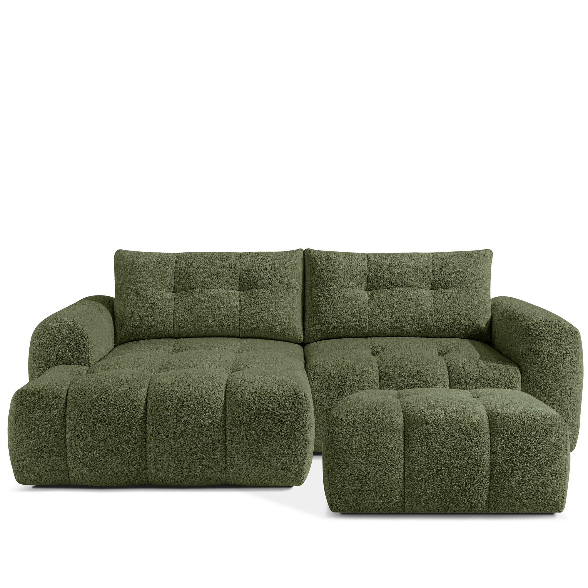 ECKSOFA MIT HOCKER RAVIA, Bouclé, Olivgrün - Olivgrün, Holz/Textil (96/50cm) - KONSIMO®