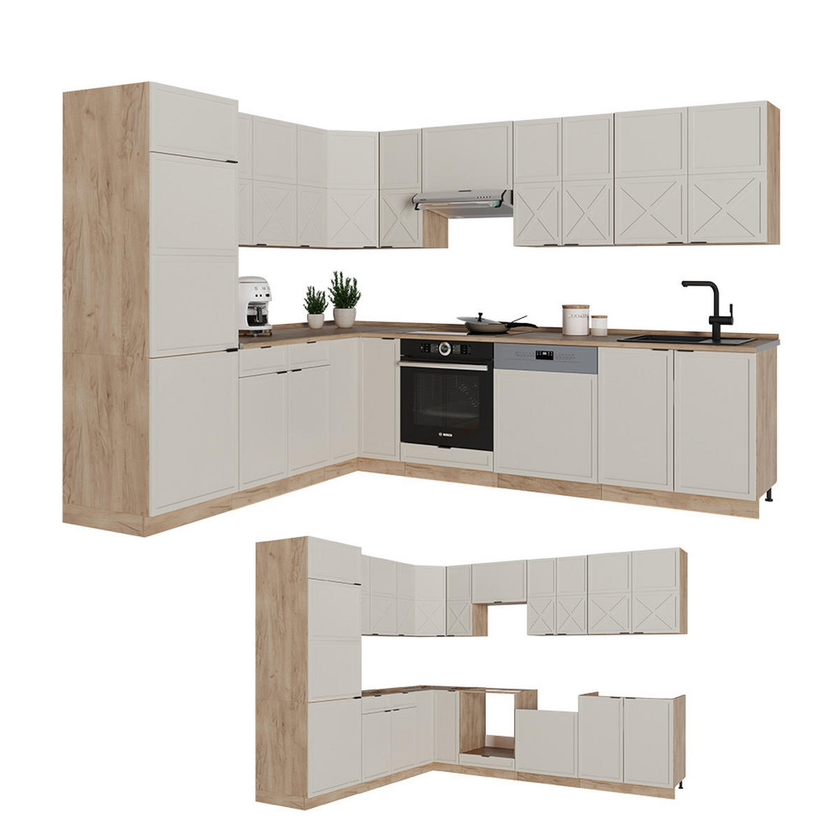 ECKKÜCHE Fame-Line GrauBeige/Goldkraft Eiche 227 x 60 cm ohne AP - Honigeiche/Grau, Holzwerkstoff (287/81.6/46cm) - Vicco