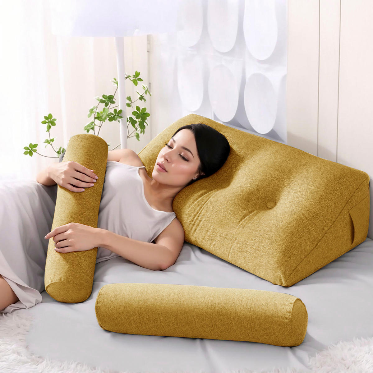 LESEKISSEN Keilkissen mit einem runden Kissen 2er-Set Leinen gelb 100cm - Gelb, Textil (20/100cm) - Vercart