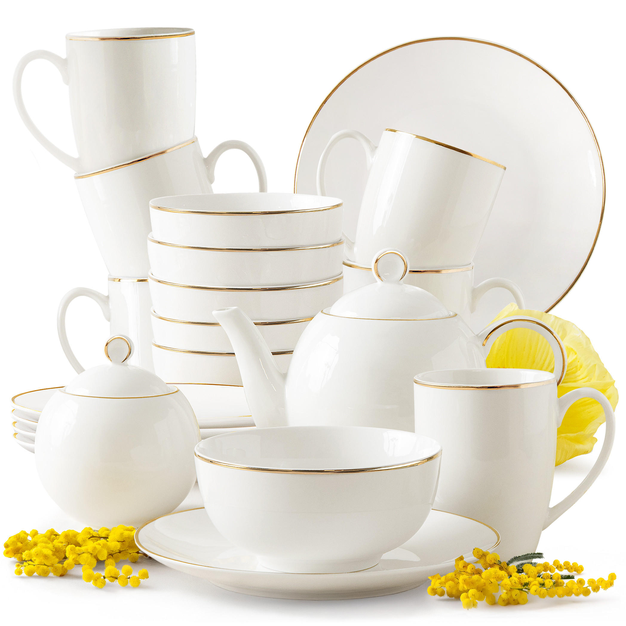 FRÜHSTÜCKSGESCHIRRSET AD BELLA, 20-tlg - Ecru/Goldfarben, Keramik (20/12.5/20cm) - KONSIMO®