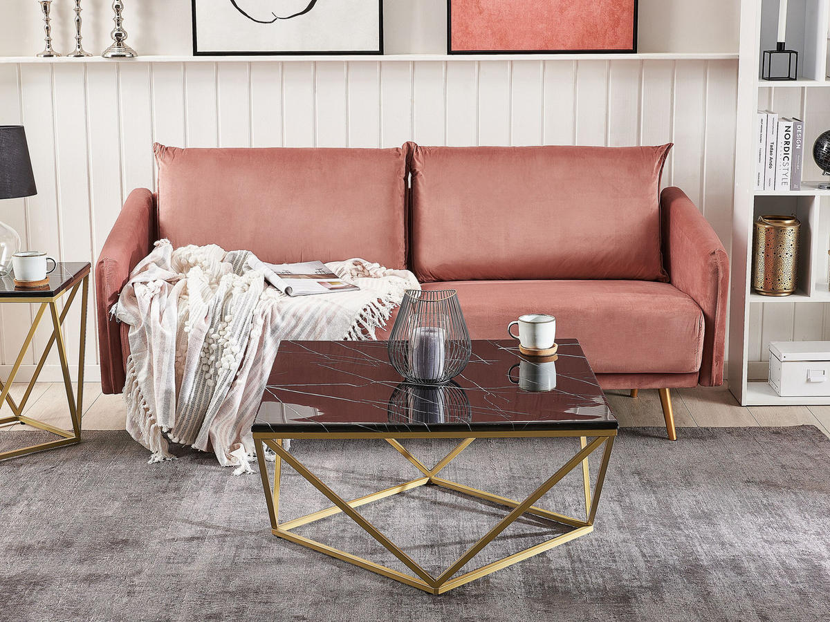 COUCHTISCH Marmor Optik schwarz/gold quadratisch 80/80 cm Malibu - Goldfarben/Schwarz, Holzwerkstoff (80/80/40cm) - Beliani