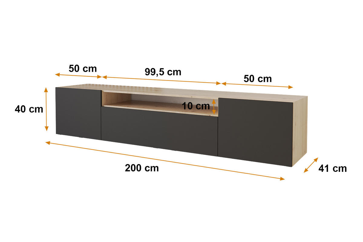 LOWBOARD ELIO-W 200x40x41 cm - Artisan / Schwarz - Eiche Artisan, Holzwerkstoff (200/40/41cm) - ALTDECOR