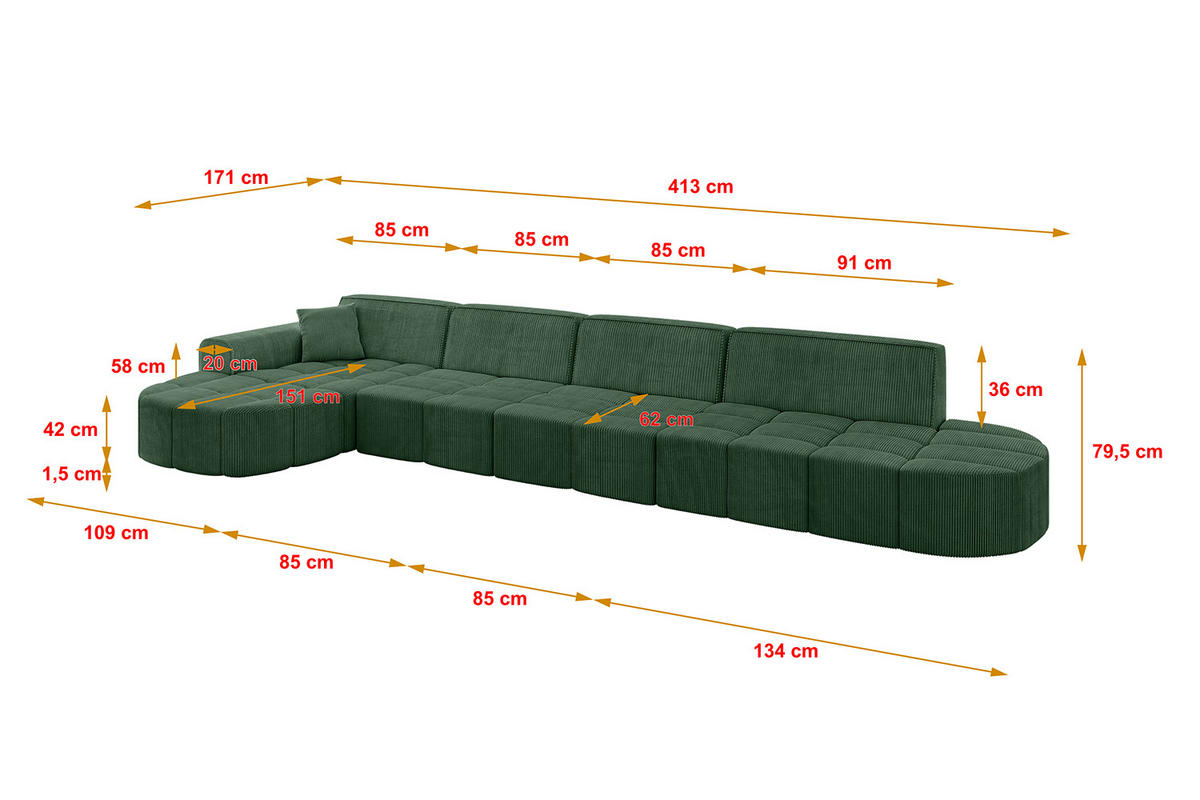 ECKSOFA Ottomane Links LIVO-L3 - 413x171x79,5 cm Grün - Grün, Holzwerkstoff/Textil (413/79.5/171cm) - ALTDECOR