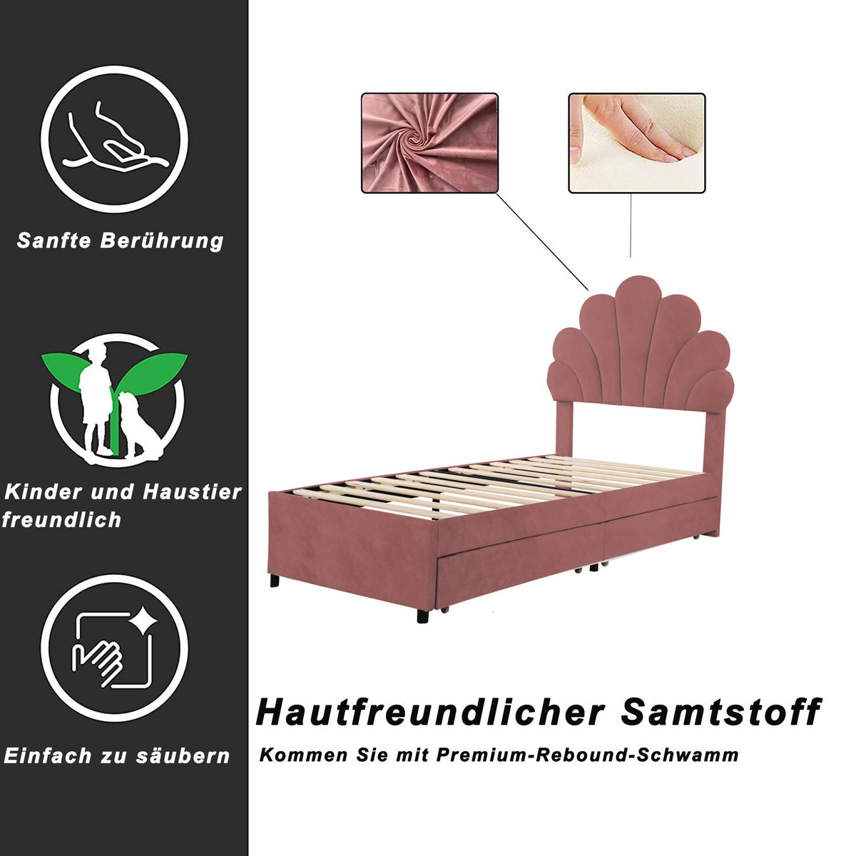 POLSTERBETT 90/200 cm Rosa mit 2 Schubladen ohne Matratze - Pink, Textil (90/200cm) - MIVRAY