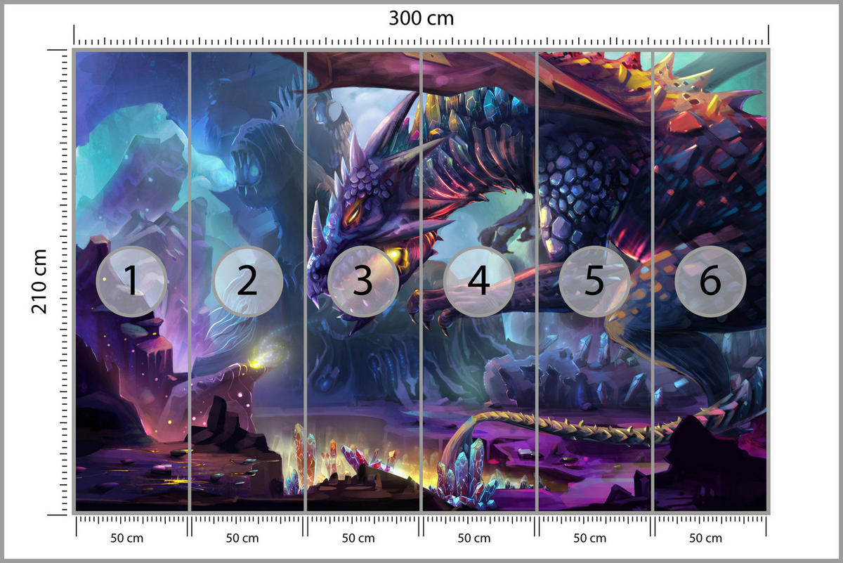 FOTOTAPETE für Jugendzimmer Fantastischer Drache Magische Welt Fantasy 300x210 - Türkis/Violett, Papier (300/210cm) - Muralo