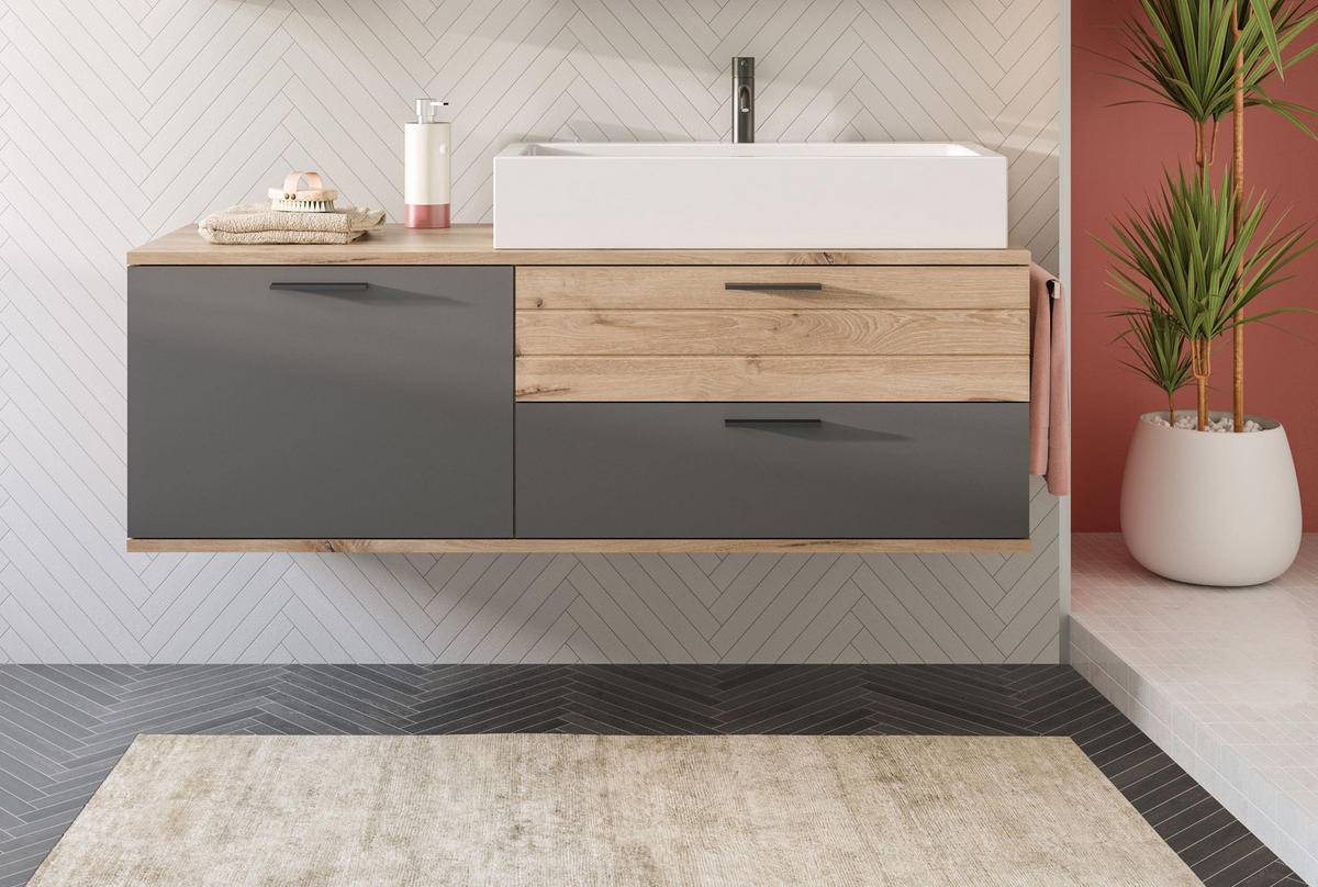 WASCHTISCH inkl. Waschbecken MASON (B/H/T: ca. 140/62/48 cm) in Nox Oak Nachbildung/Basalt grau - Eichefarben, Holzwerkstoff (140/62/48cm)
