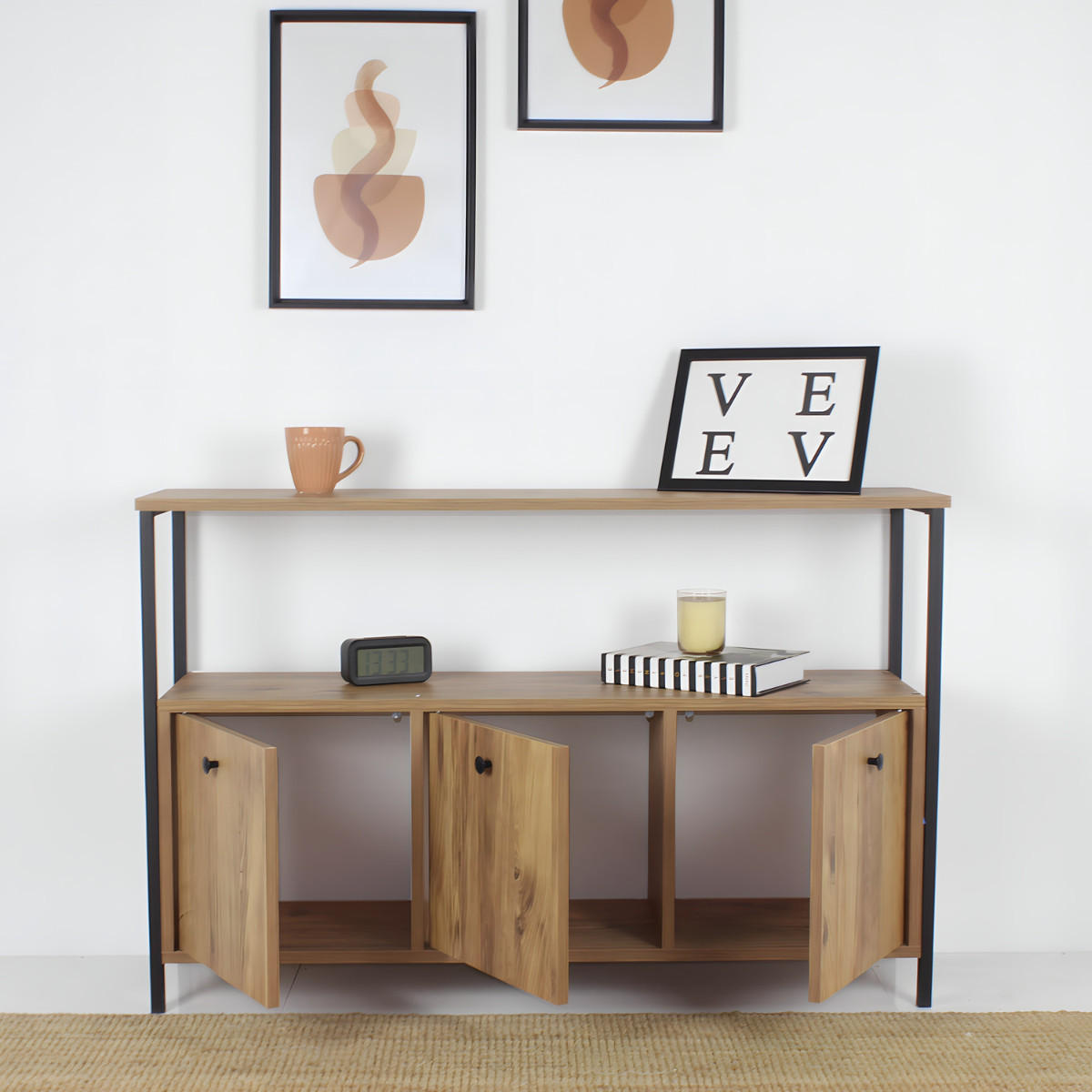 SIDEBOARD 3 Türen, Nussbaum-Dekor, L120 cm - NERO - Apfelbaumfarben, Holzwerkstoff (30/75/120cm) - Calicosy