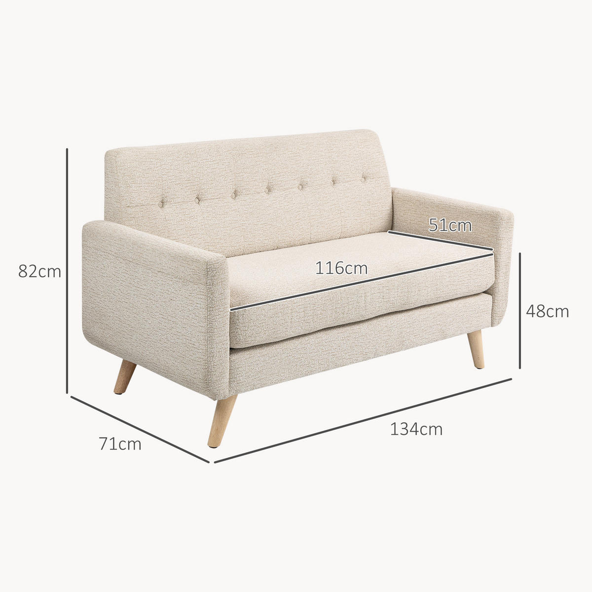 2 Sitzer Sofa, Couch mit Dickem Sitz- und Rückenkissen, Samtoptik, Beige - Beige, Kunststoff (71/82/134cm) - HOMCOM