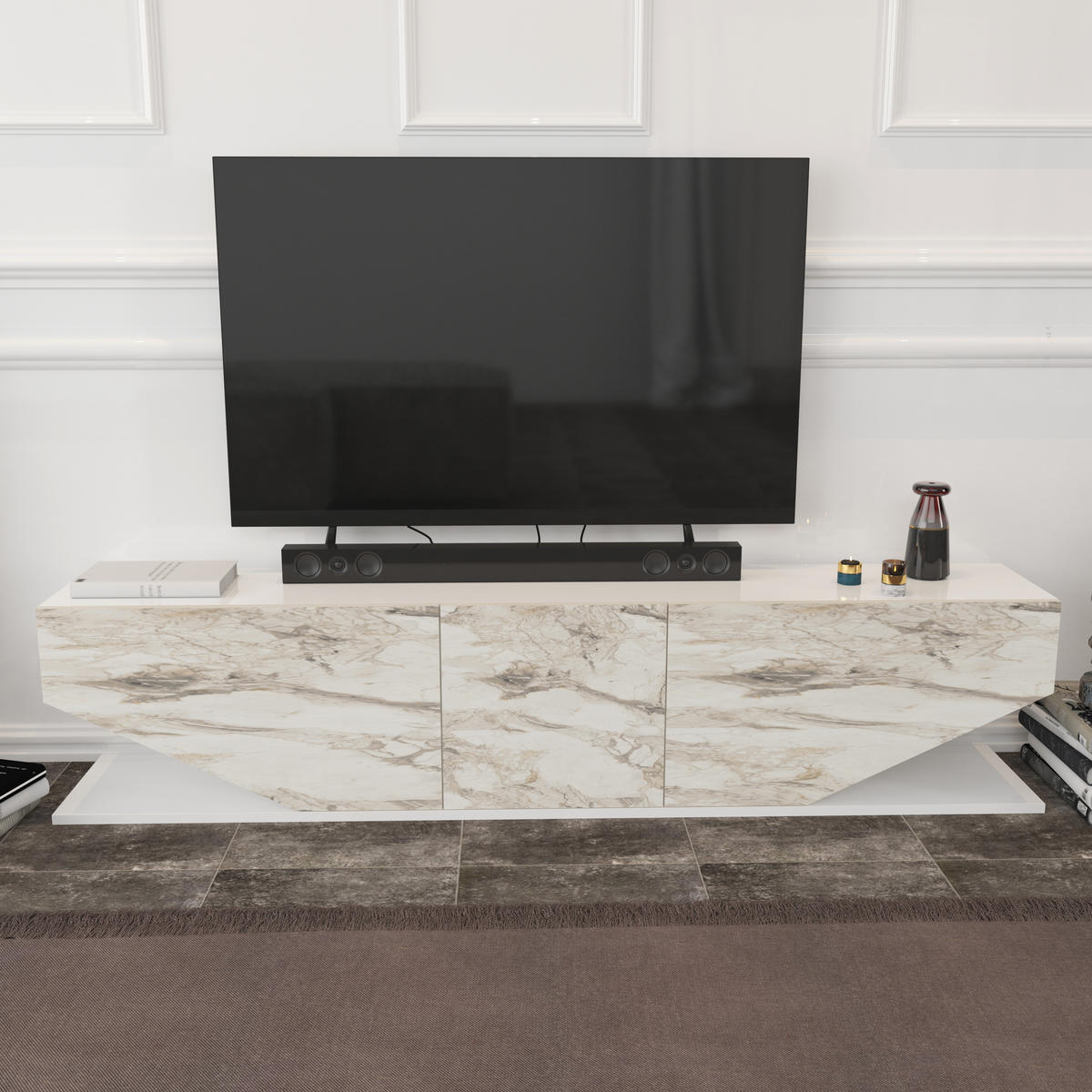 TV-ELEMENT Perle Marmor Weiß - Creme/Weiß, Holzwerkstoff (180/40/30cm) - Decorotika