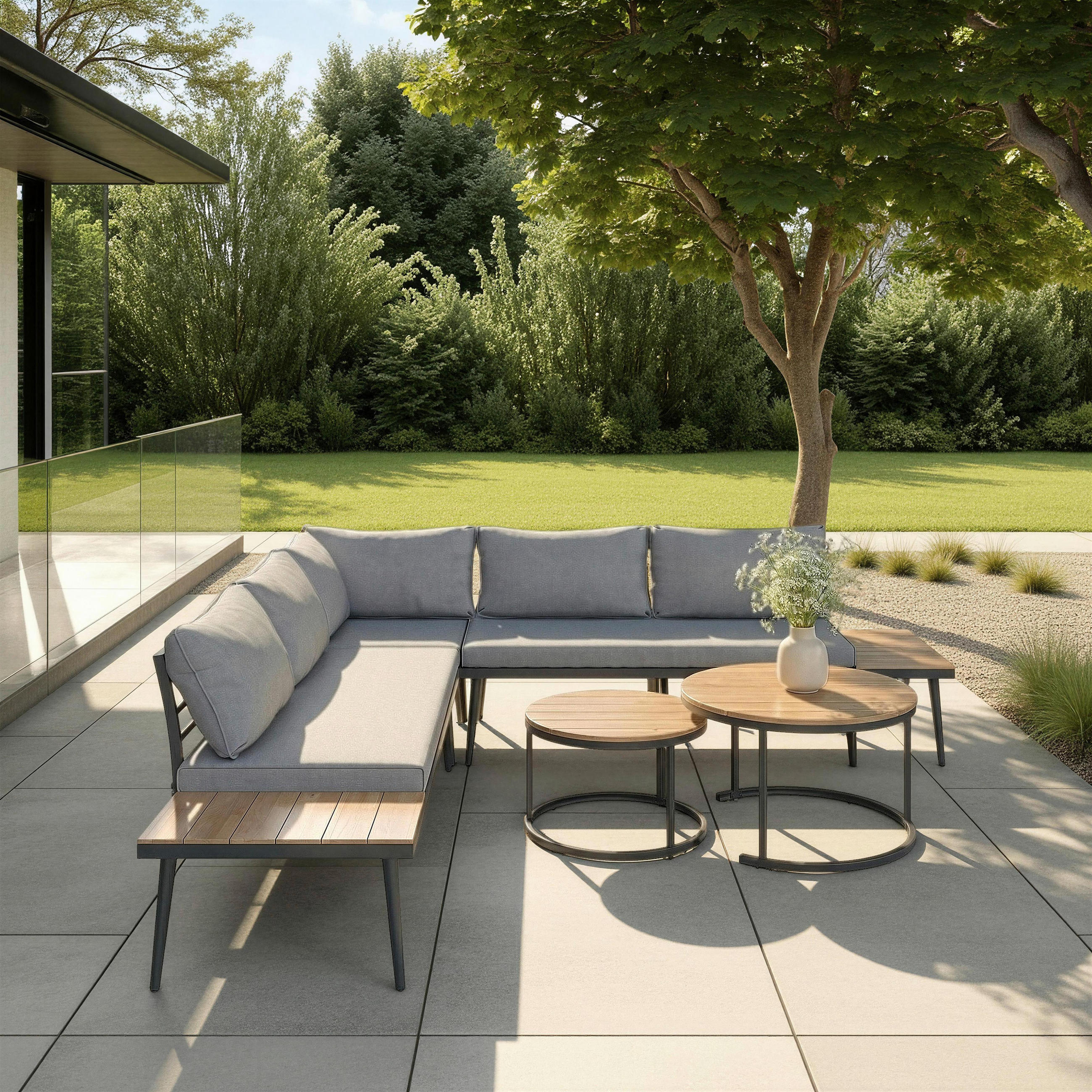 LOUNGEGARNITUR-SET Lorena Grau Akazie Metall/Outdoorstoff - Grau, Holz