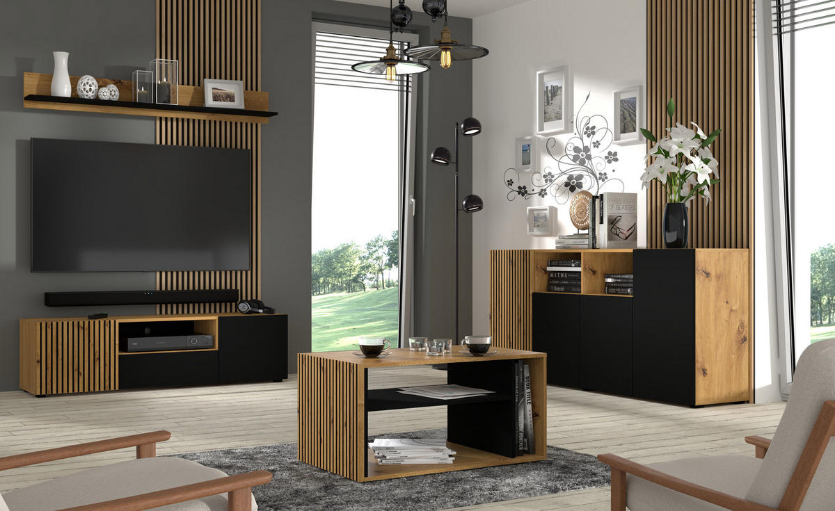 TV LOWBOARD Artisan Eiche, Schwarz 150/42/42 - Schwarz, Holzwerkstoff (150/42/42cm) - RAUMHIRSCH FURNITURE