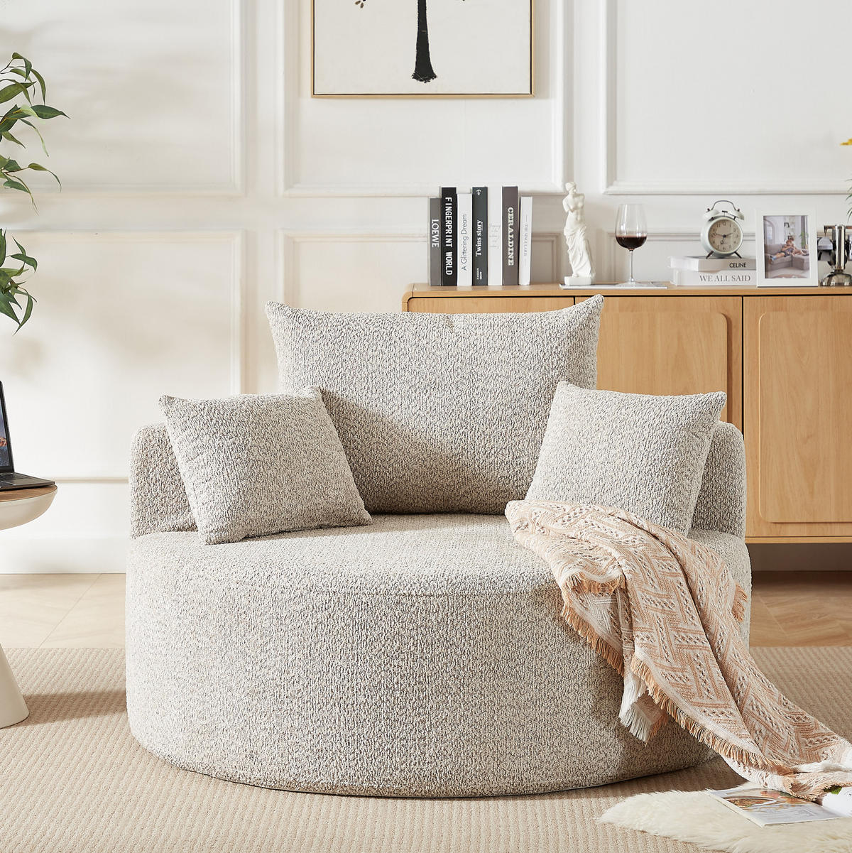SESSEL aus Chenille Khaki ohne Montage mit Rückenlehnenkissen und zylindrischem Zusatzkissen - Sandfarben, Textil (127/85/127cm) - Modfu