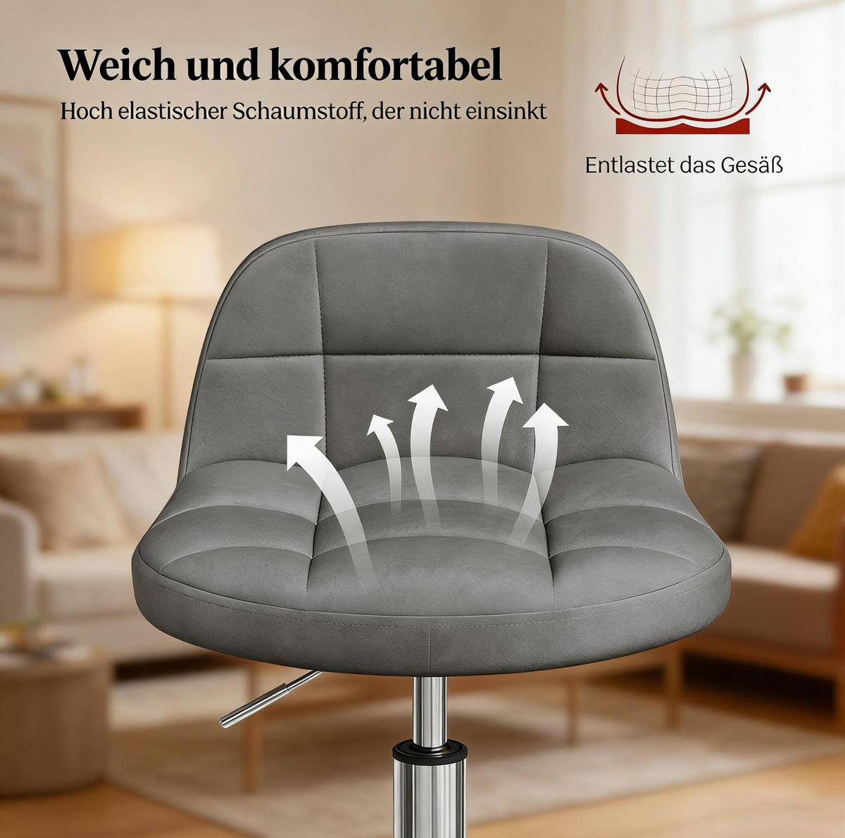BÜROSTUHL höhenverstellbar Samt Dark Grey - Dunkelgrau, Metall (38/68/31cm) - Meubliv