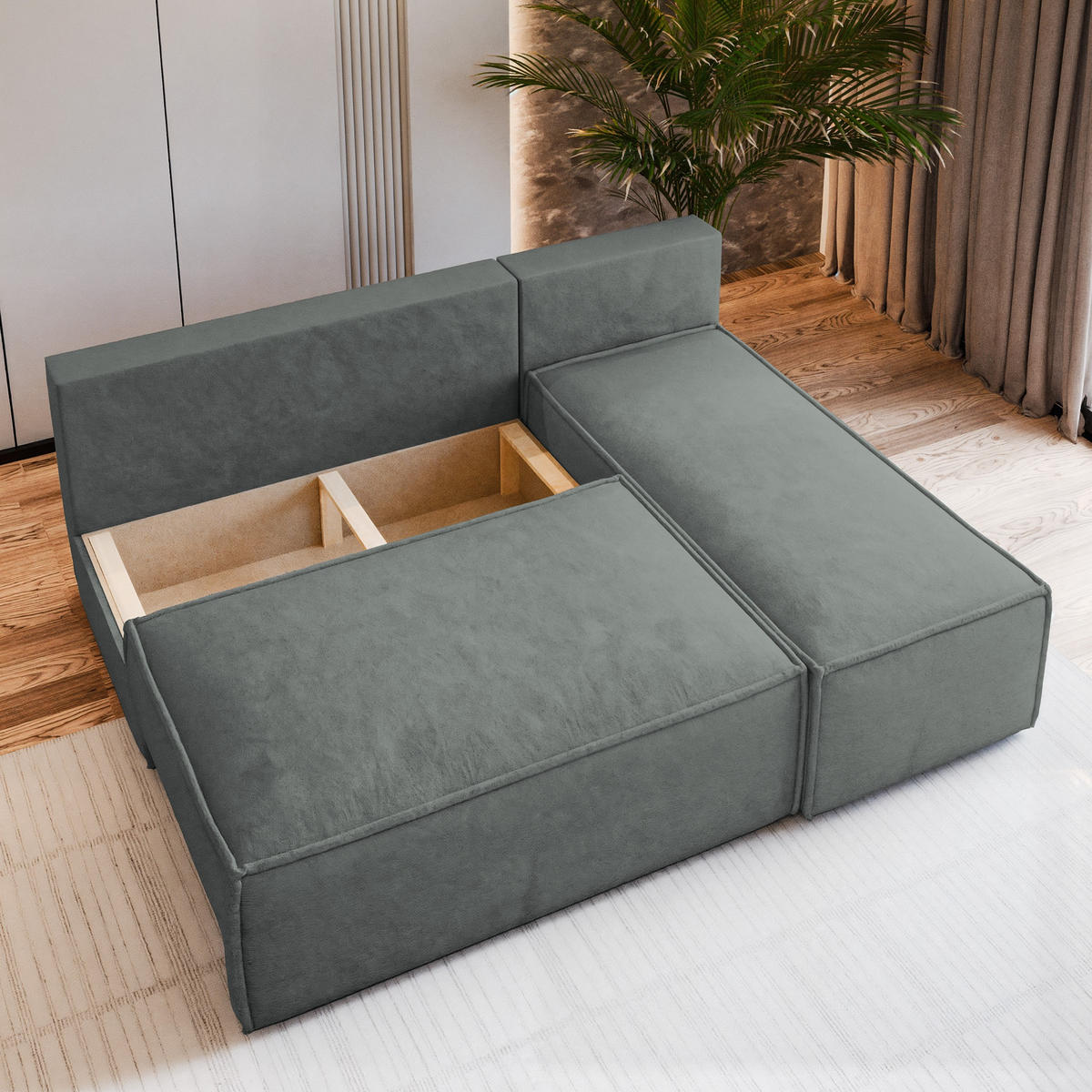 ECKSOFA BRISO M Grau Velours-Stoff mit Schlaffunktion - Grau, Holz (200/140cm) - MASSENO