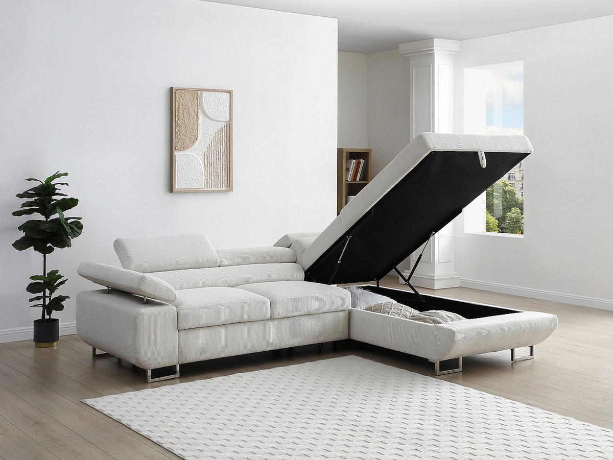 ECKSOFA mit Schlaffunktion - Ecke rechts - Cord - Beige - NURAZIO - Beige, Textil (268/202cm) - Vente-Unique