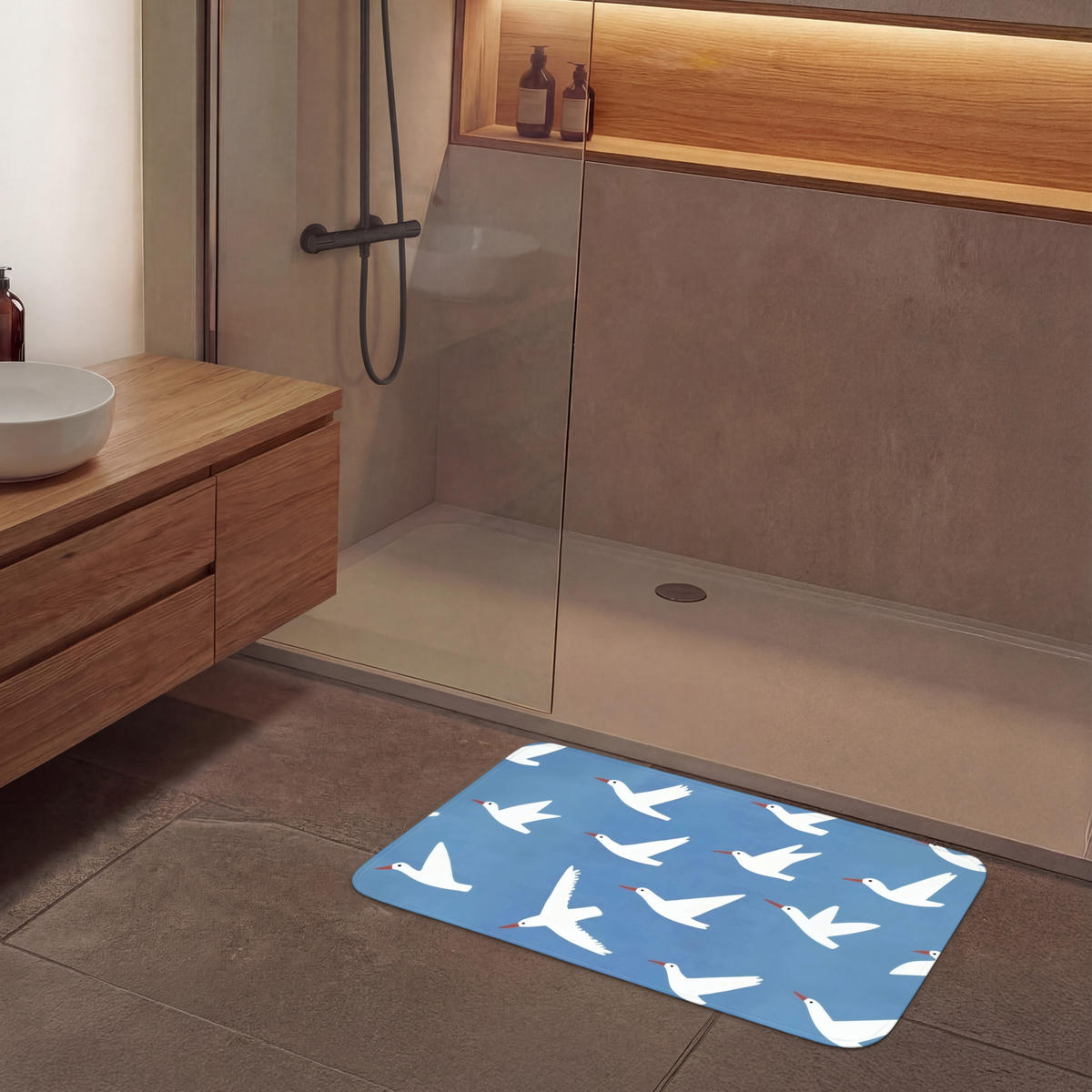 BADEMATTE Vögel - Weiß - Muster 90x60 cm - Blau, Kunststoff/Textil (90/60cm)