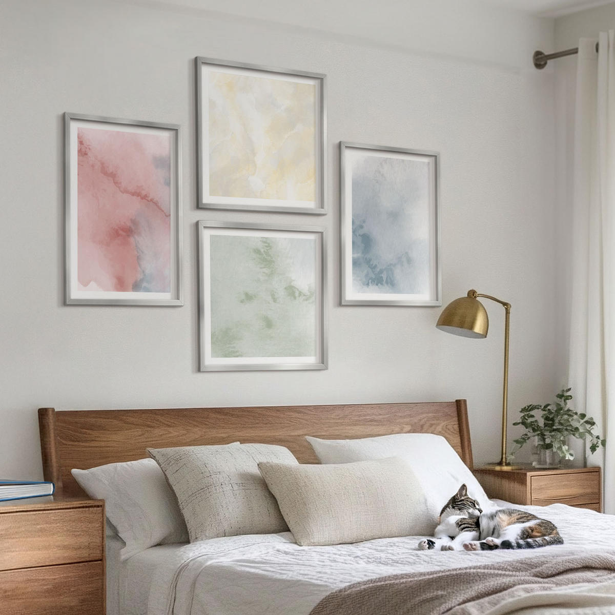WANDBILDER 4er Set - 50x50 cm & 40x60 cm Silberner Rahmen - Aquarellfarben in Pastellfarben - Silberfarben, Kunststoff (50/50cm) - ArtPrintCave