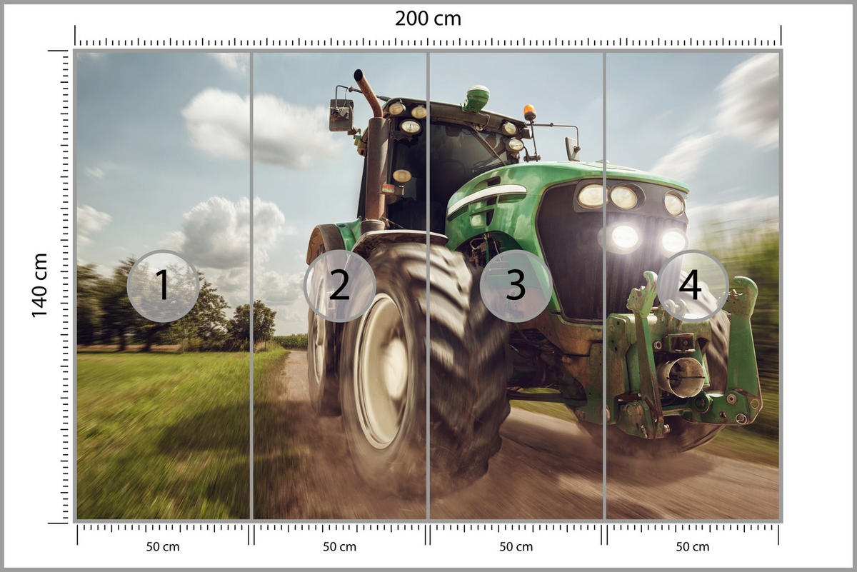 FOTOTAPETE Fahrender Traktor Bäume Vegetation Landwirtschaft 200x140 - Schwarz/Weiß, Papier (200/140cm) - Muralo