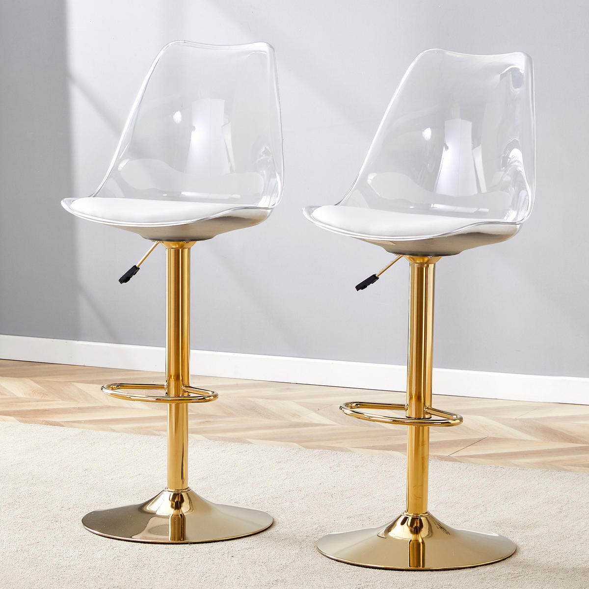 BARHOCKER DE-36523 2er Set höhenverstellbar mit PU-Sitz Transparent - Goldfarben, Metall (53.3/120/45.7cm) - ComfortXL