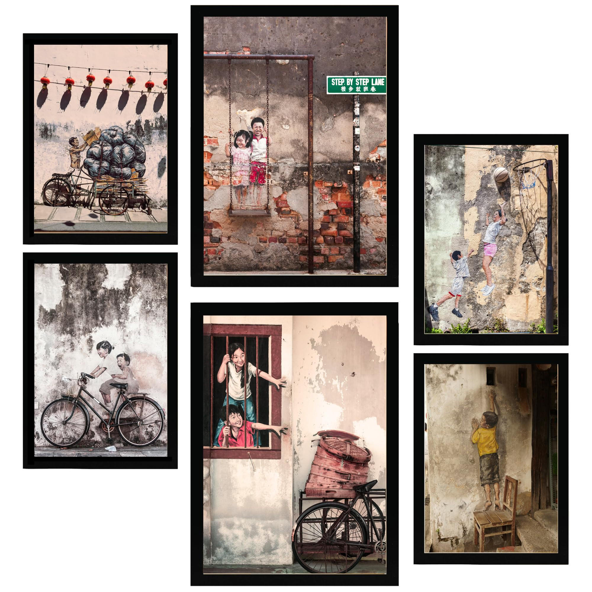 POSTER Set Mit 6 Graffiti Straßenkunst Bunte Schablone Vietnam A3 & A4 Schwarzer Rahmen - Schwarz, Papier (29/3cm) - Nacnic