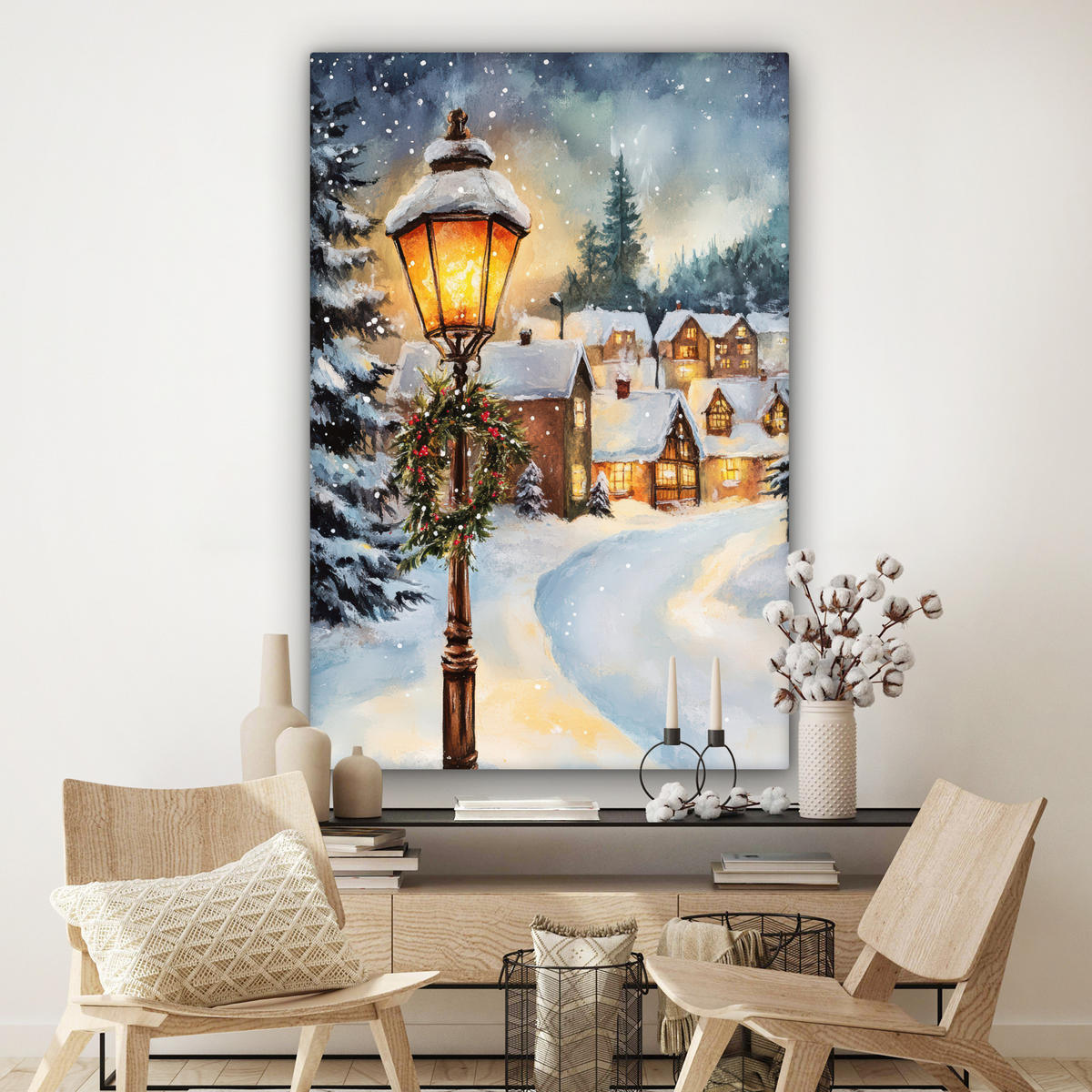 SLIKA NA PLATNU Božična vas 90x140 cm - peščene barve, tekstil (90/140cm) - MuchoWow