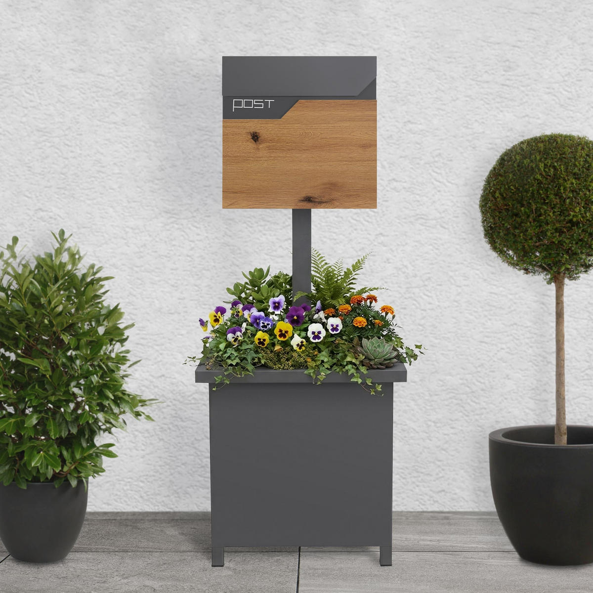 BRIEFKASTEN Anthrazit-Holzoptik mit bepflanzbarem Ständer - Anthrazit, Metall (120cm) - ML-DESIGN