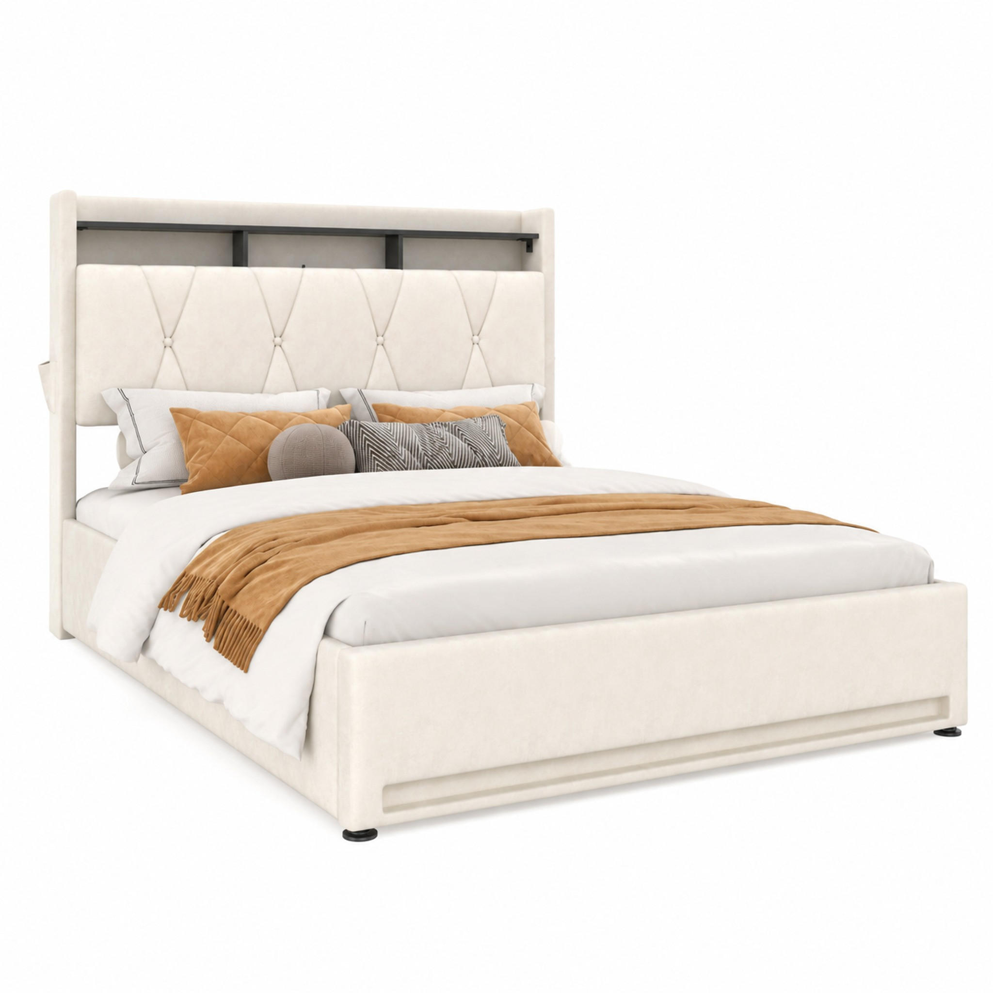 BETT mit Stauraum und LED 140x200 cm Samt Beige - Beige, Metall (140/200cm) - Meubliv