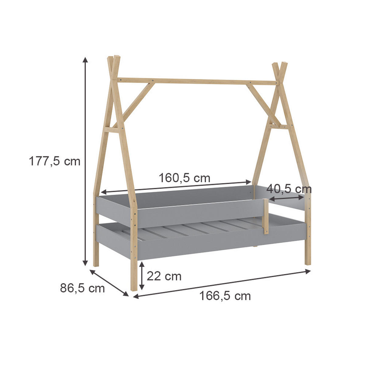 TIPI-BETT Bali Grau 80x160 cm mit Matratze - Grau, Holz - VitaliSpa
